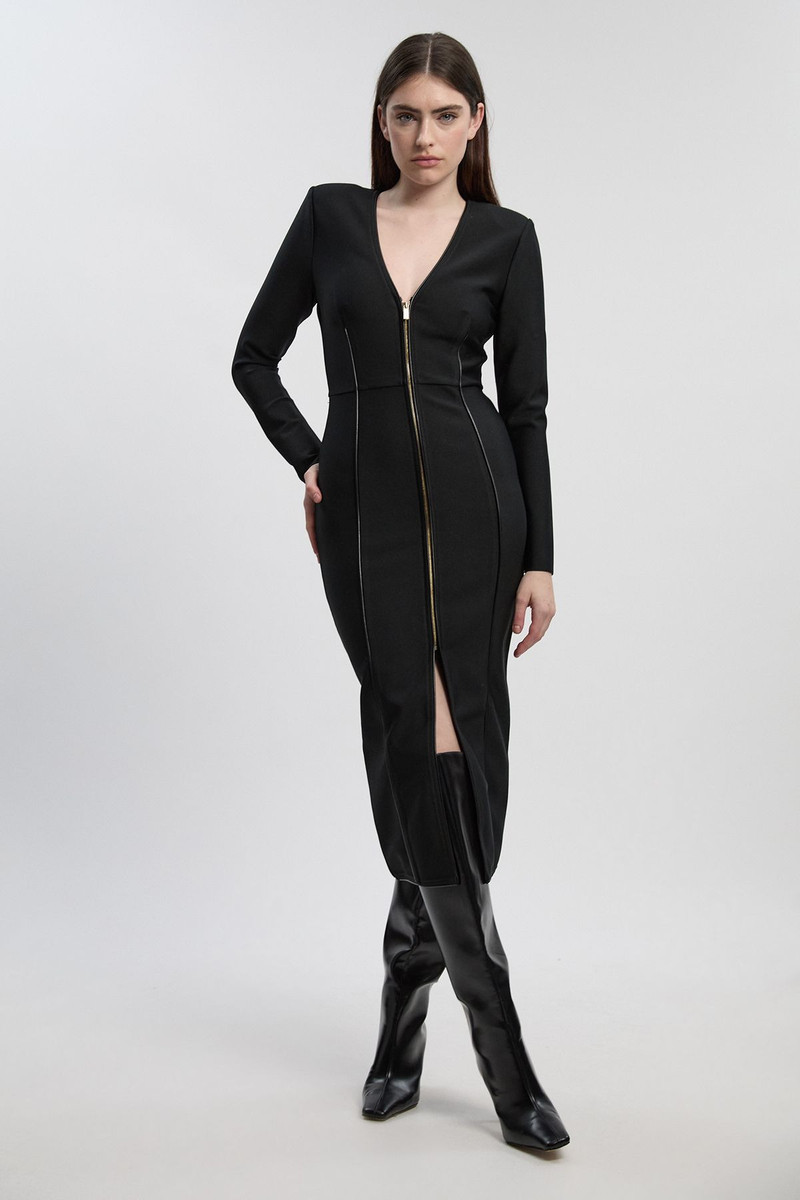 KAREN MILLEN PU Tipped Detail Zip Through Bandage Knit Midi Dress outlook