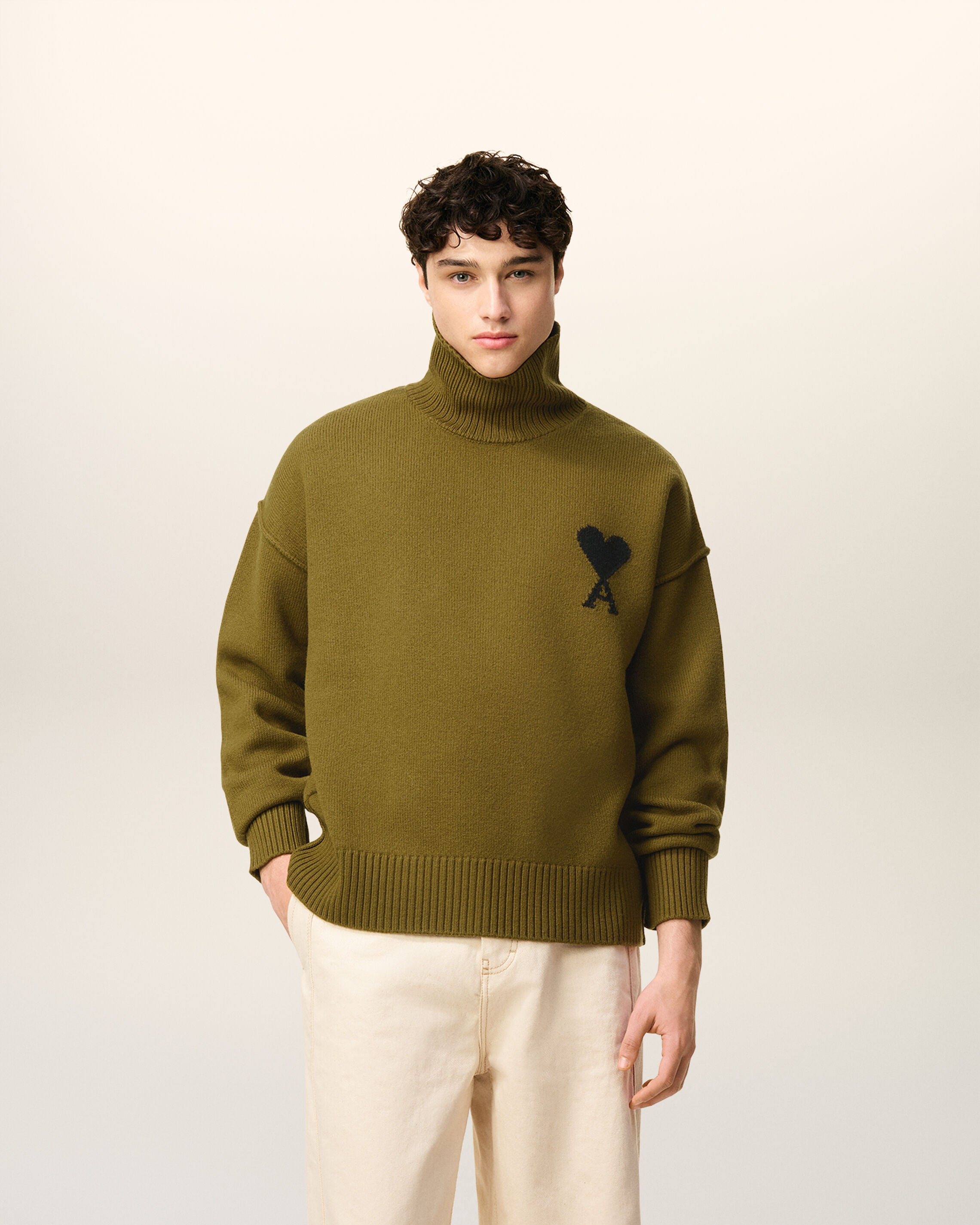 KHAKI WOOL AMI DE COEUR FUNNEL NECK SWEATER - 2