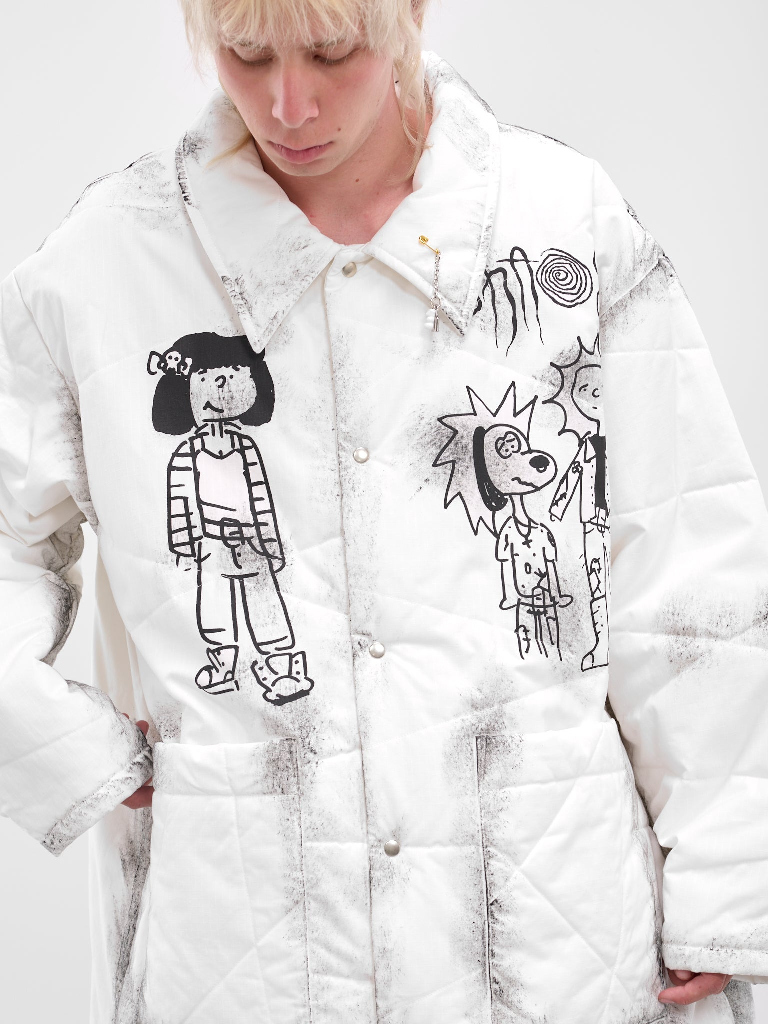 White Punk Graphic Quilted Coat - 4