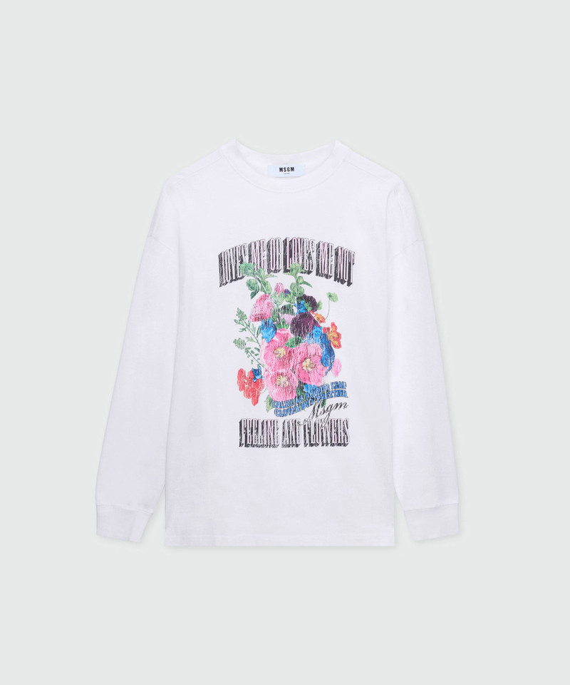 White long-sleeve cotton jersey T-shirt with front print 1