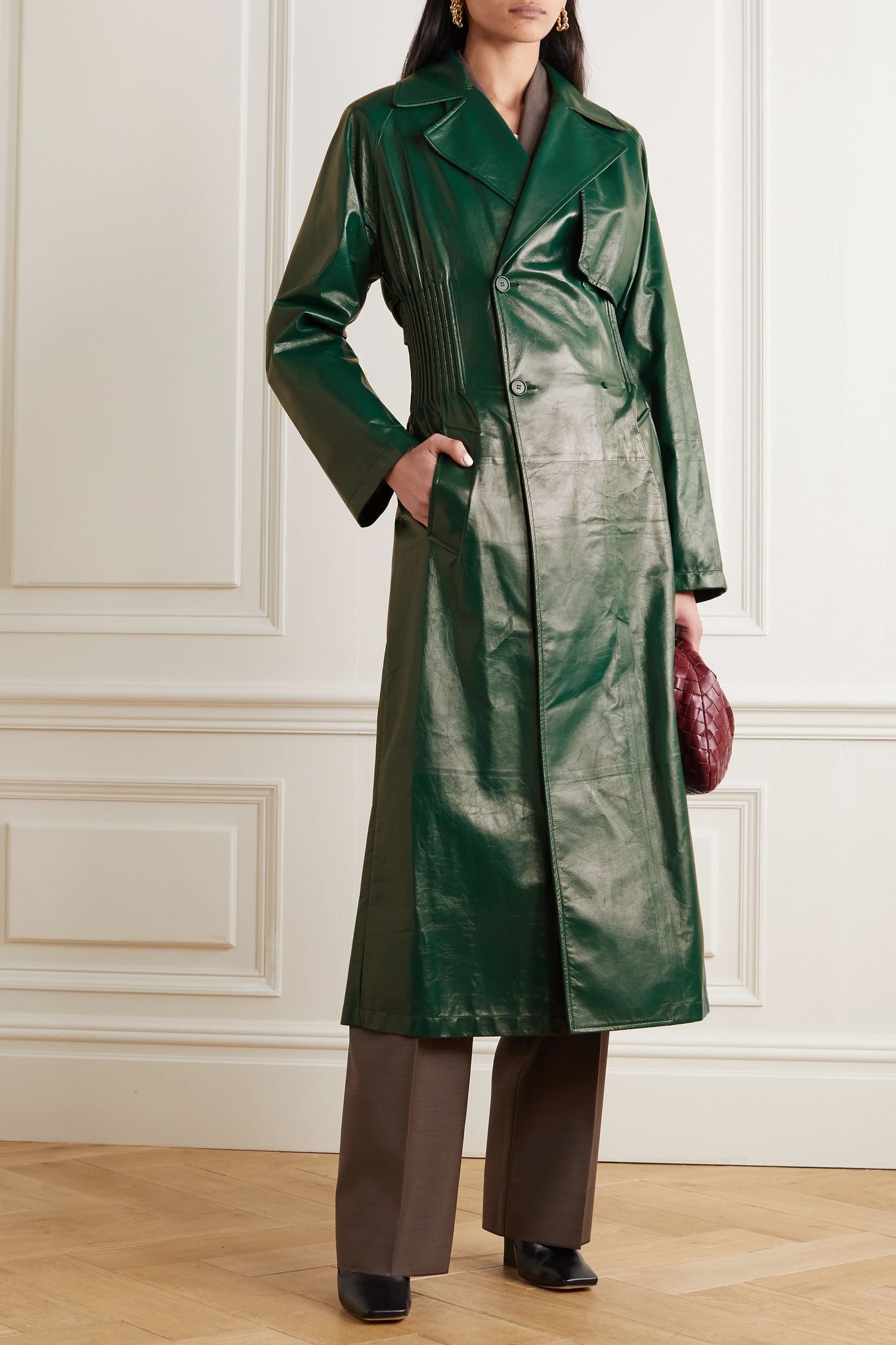 Double-breasted shirred glossed-leather trench coat - 2