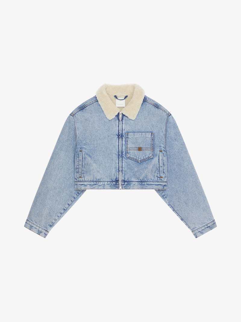 CROPPED JACKET IN DENIM AND SHEARLING-EFFECT COLLAR 1