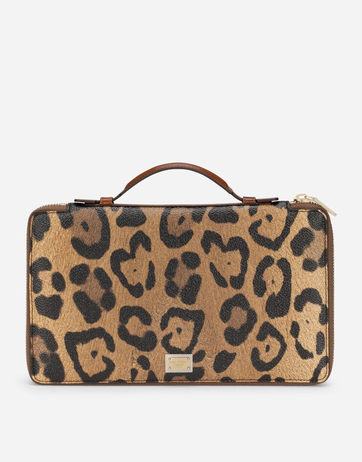 Leopard-print Crespo document holder with zipper and branded plate - 1