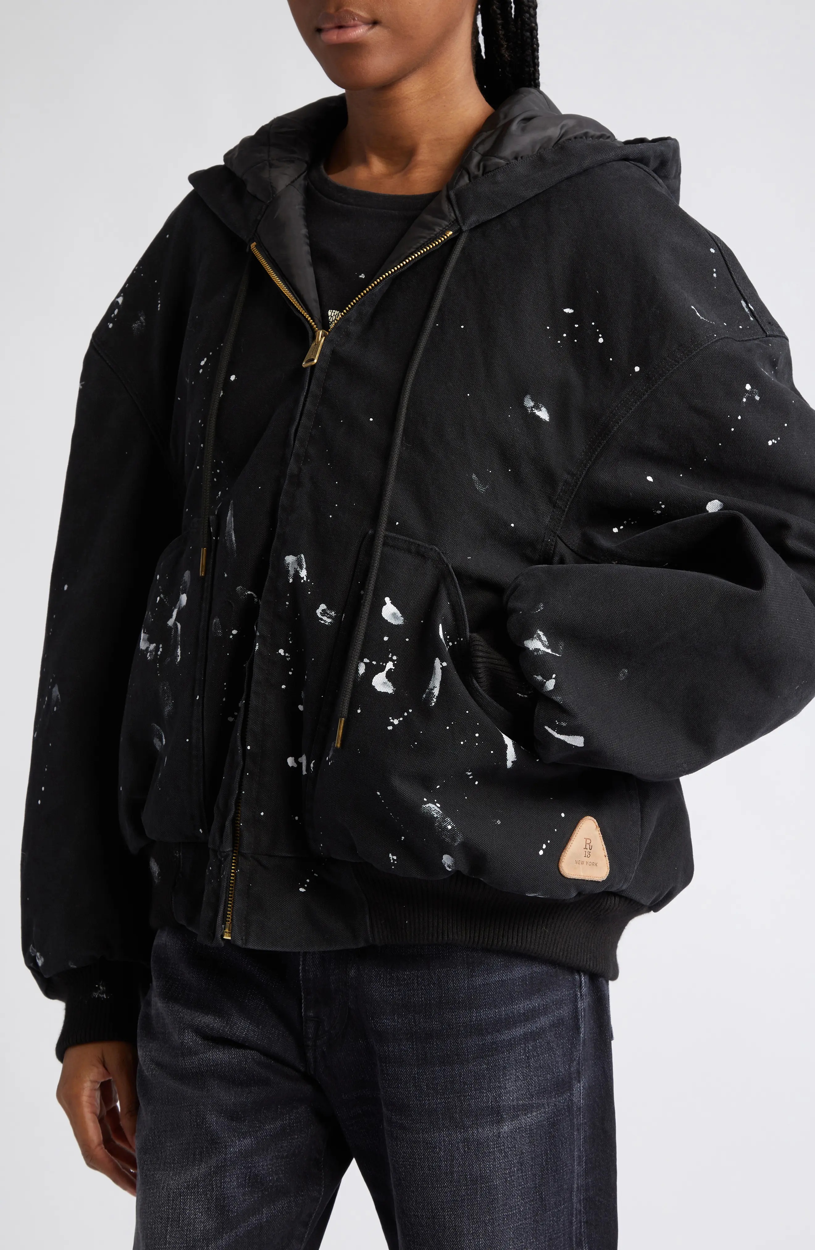 R13 Boxy Paint Splatter Hooded Cotton Canvas Jacket in Black