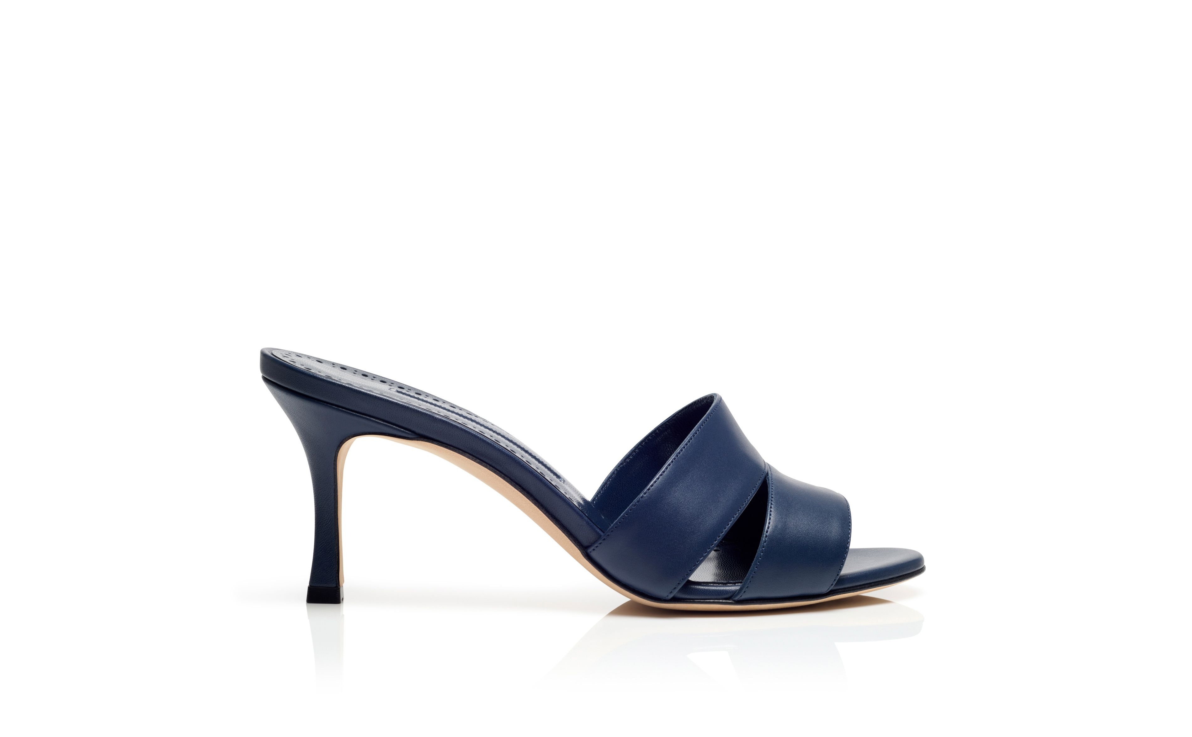 Navy Blue Calf Leather Open Toe Mules - 1