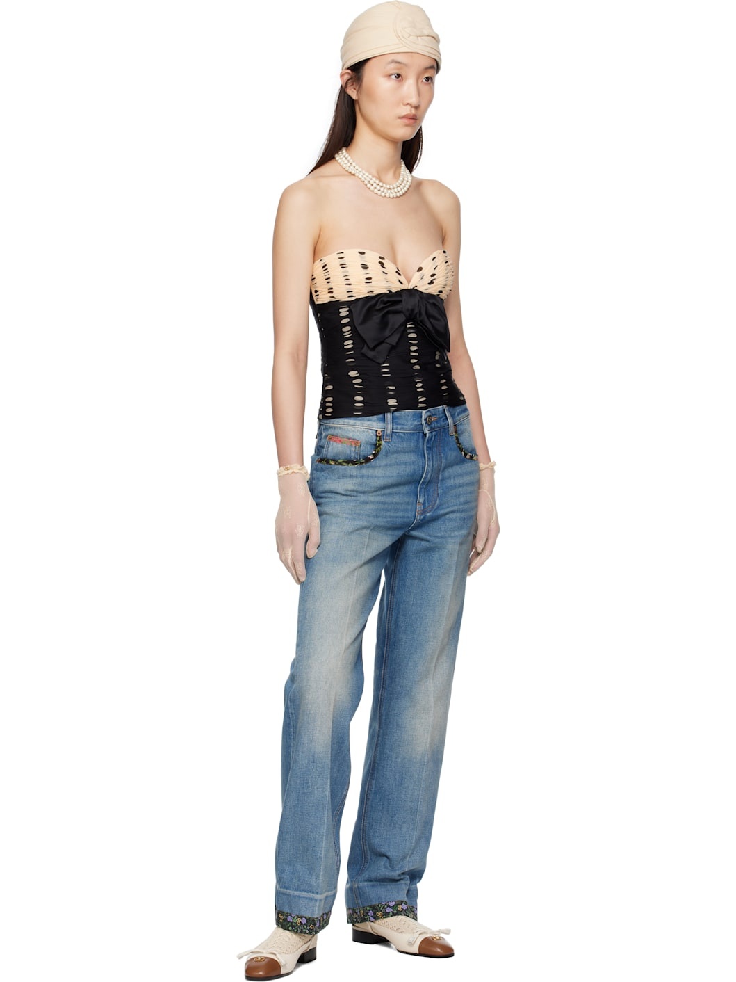 Blue Floral Print Hem Jeans - 4