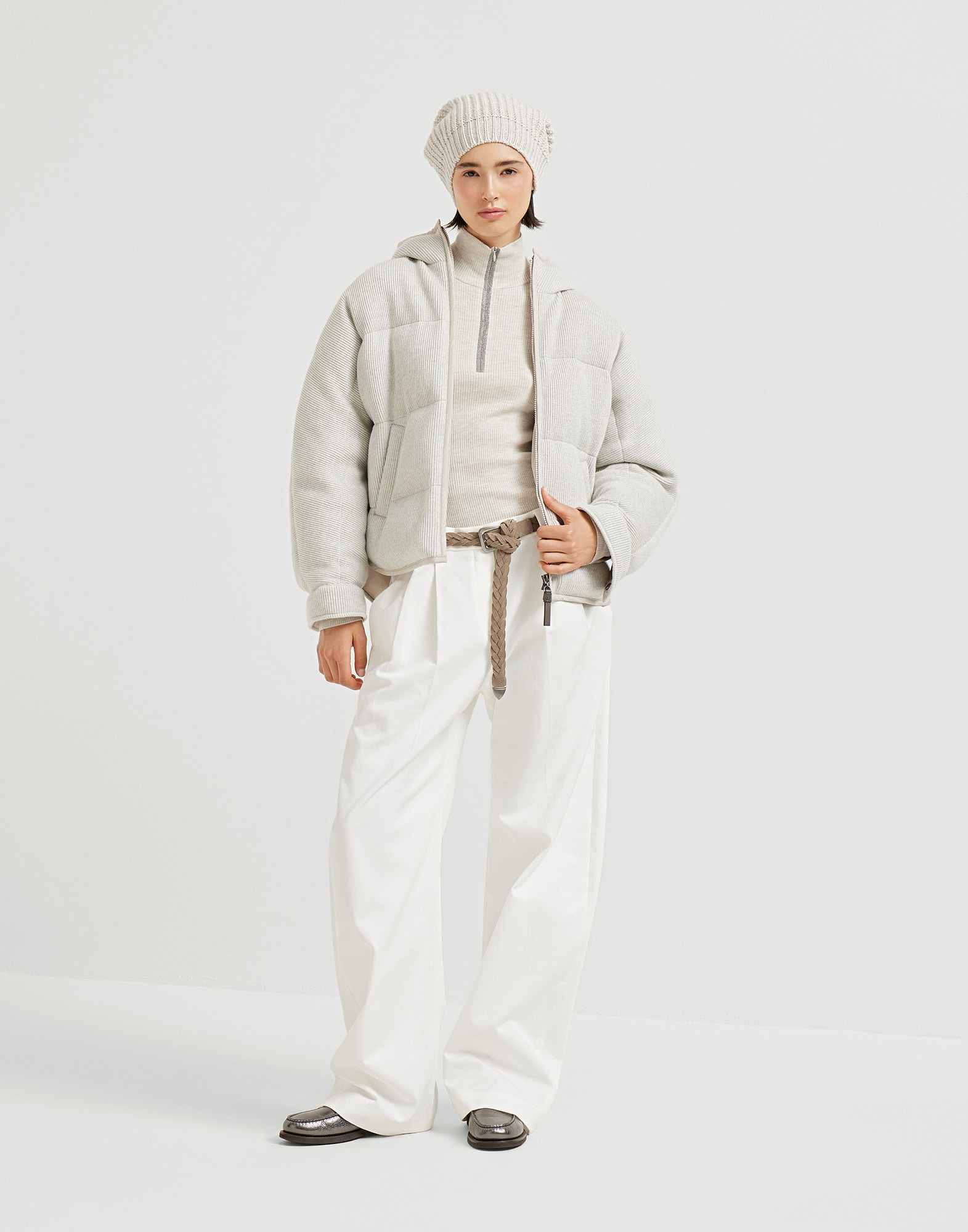 Sparkling cashmere English rib knit hooded down jacket with shiny zipper pull - 5