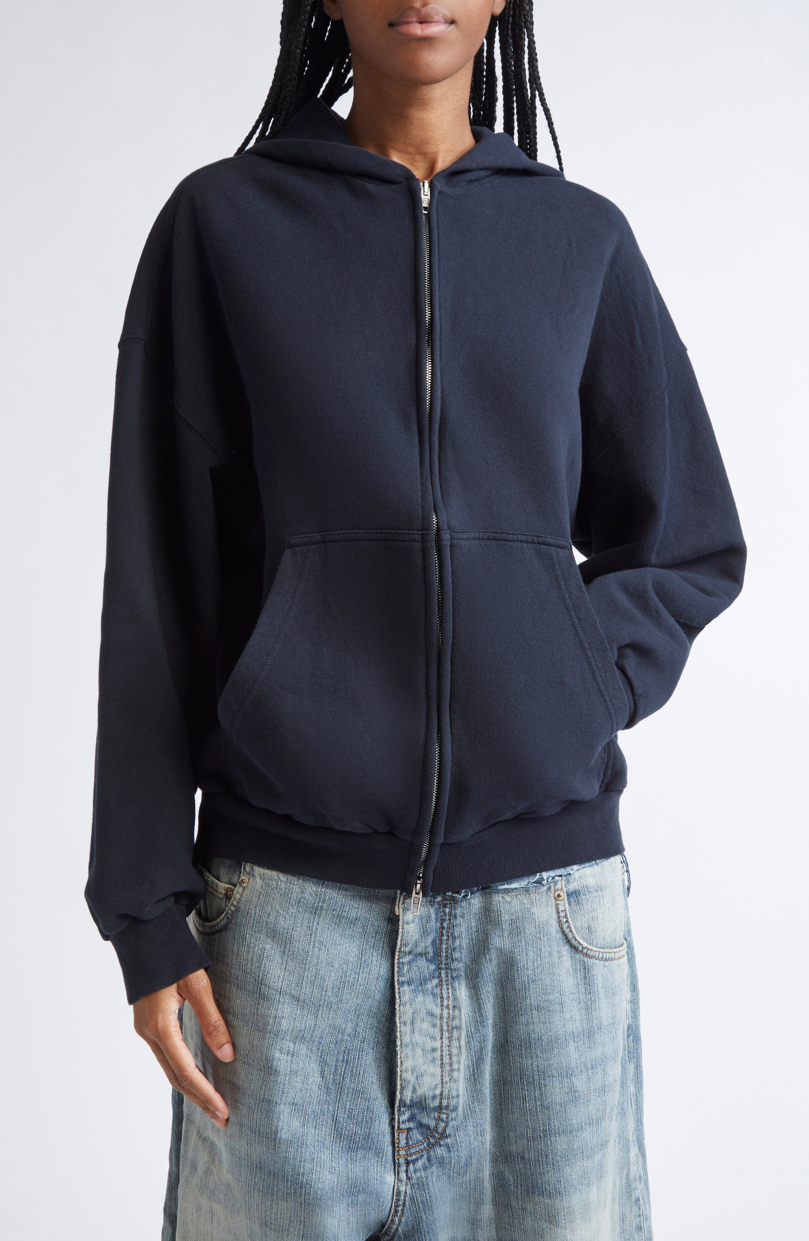 Balenciaga Flipped Uni Logo Embroidered Cotton Fleece Zip-Up Hoodie in 1750 Faded Black/Anthracite a - 1