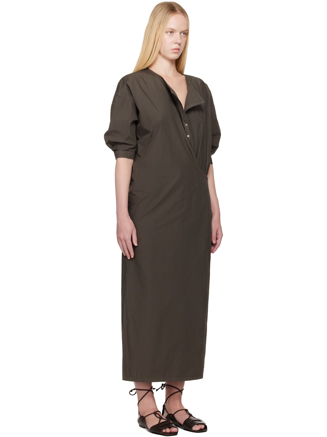 Brown Short Sleeve Twisted Midi Dress - 2
