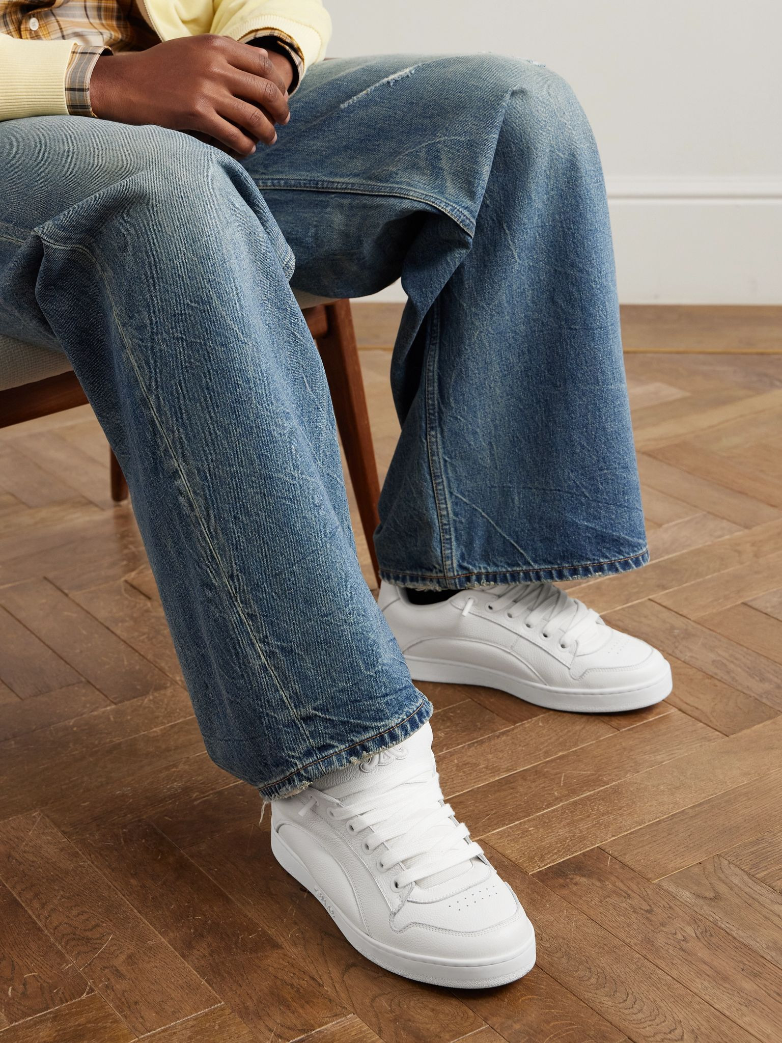 Logo-Embroidered Mesh-Panelled Leather Sneakers White - 2