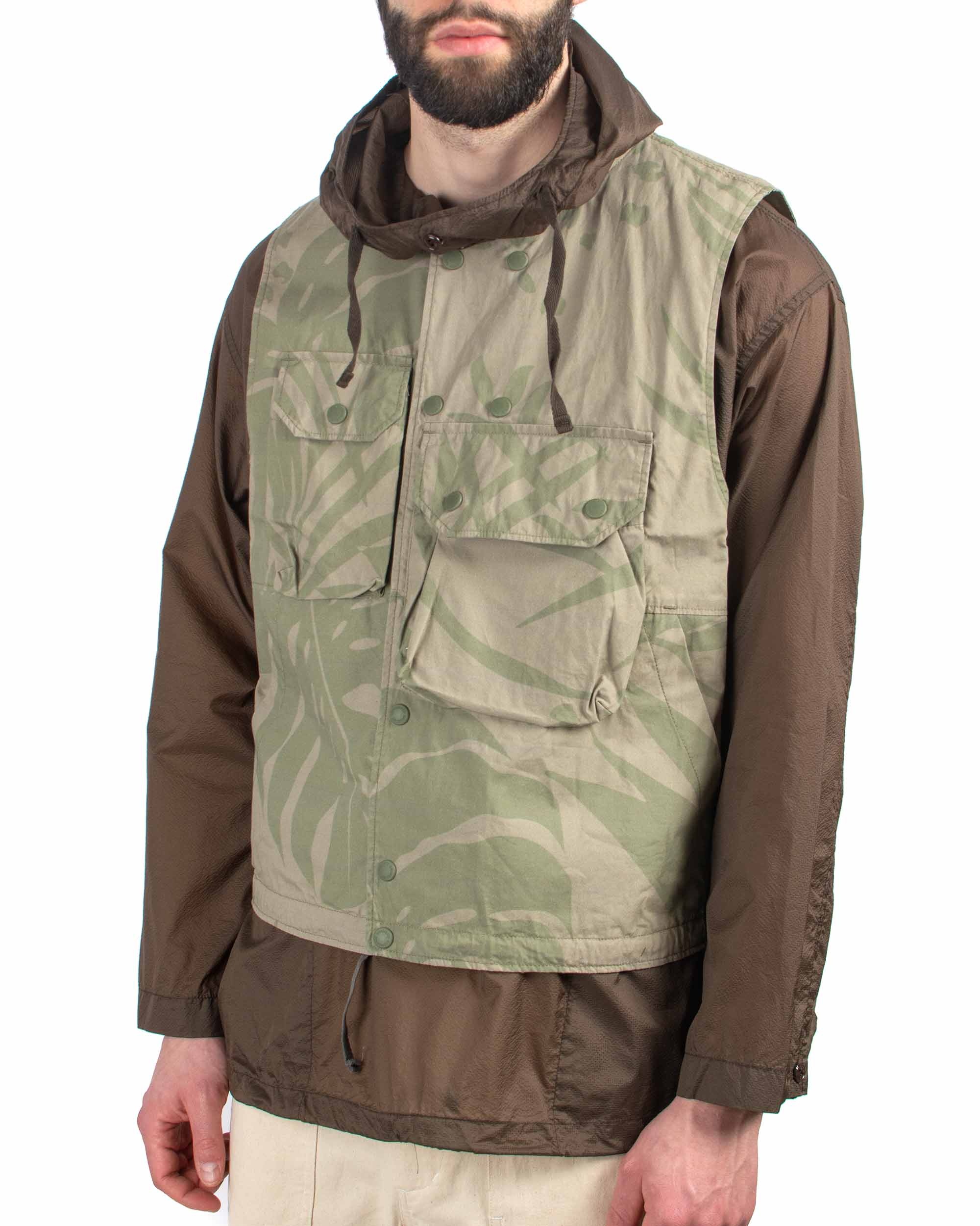 Cover Vest Khaki Olive Leaf Print Cotton Poplin - 4