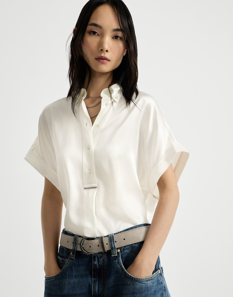 Stretch silk satin short sleeve shirt with monili 5