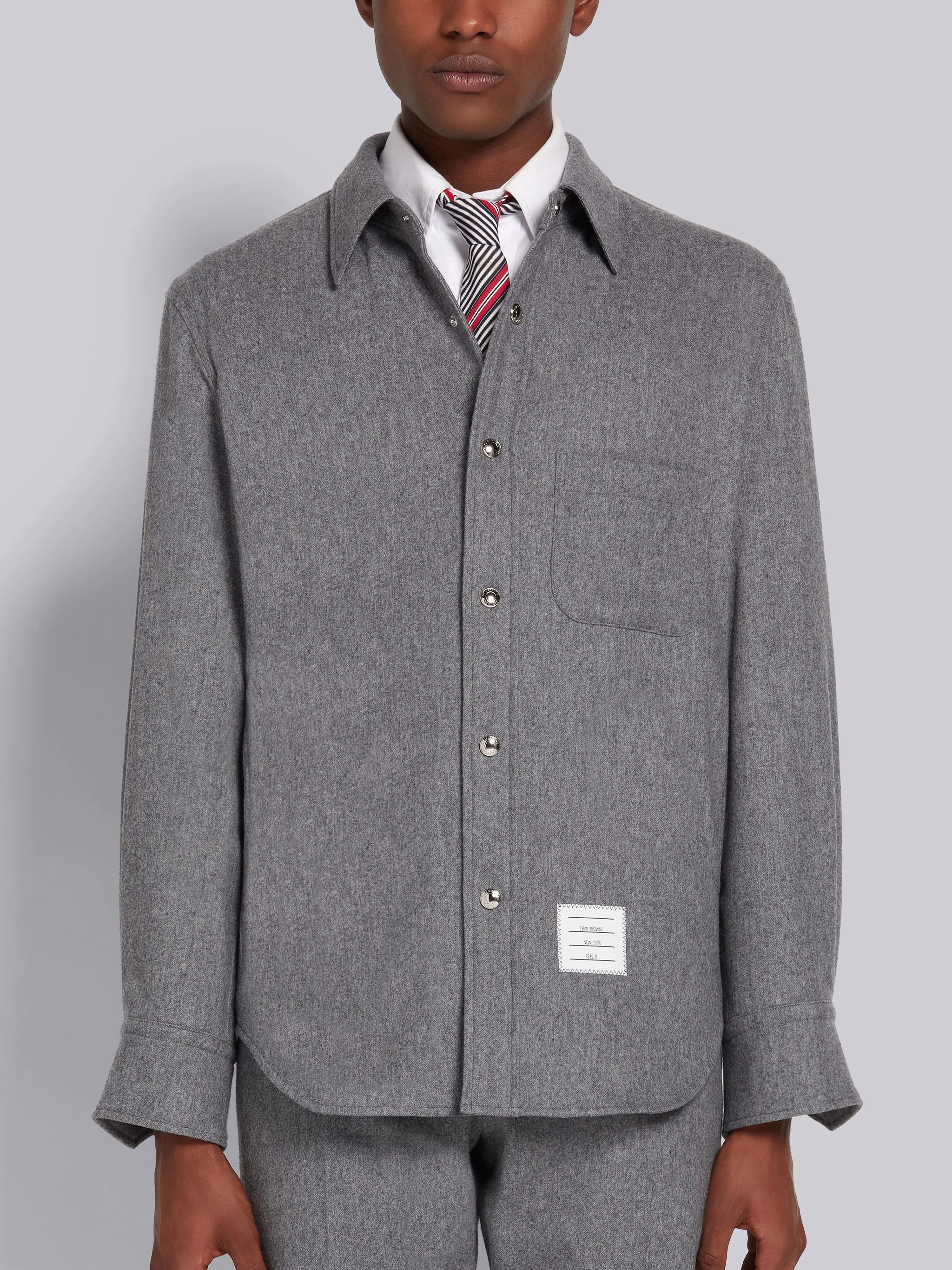 Medium Grey Lightweight Boiled Wool Engineered Stripe Snap Front Shirt Jacket - 1