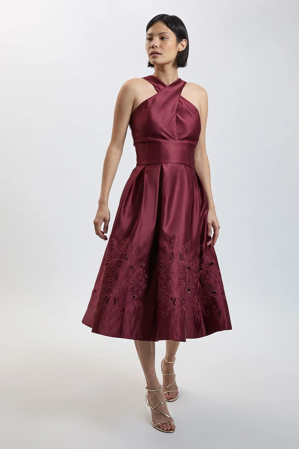 Petite Tailored Satin Cutwork Halter Midi Dress - 1
