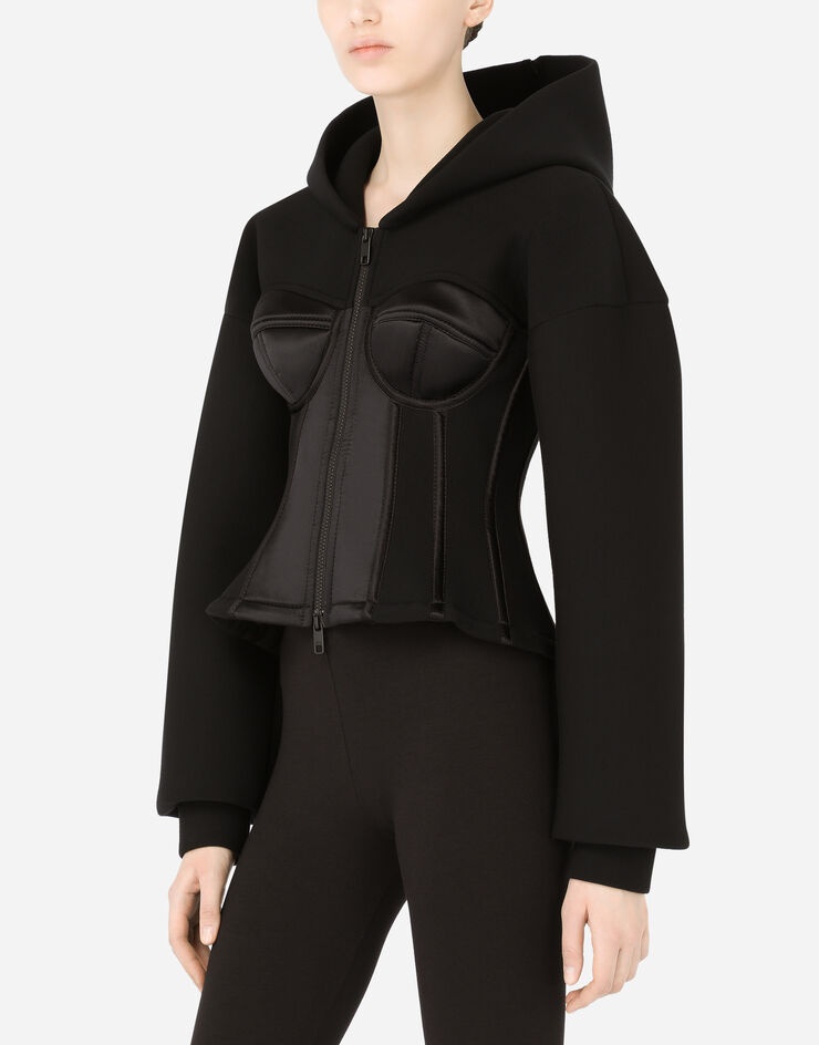 Technical jersey hoodie with satin bustier details - 4