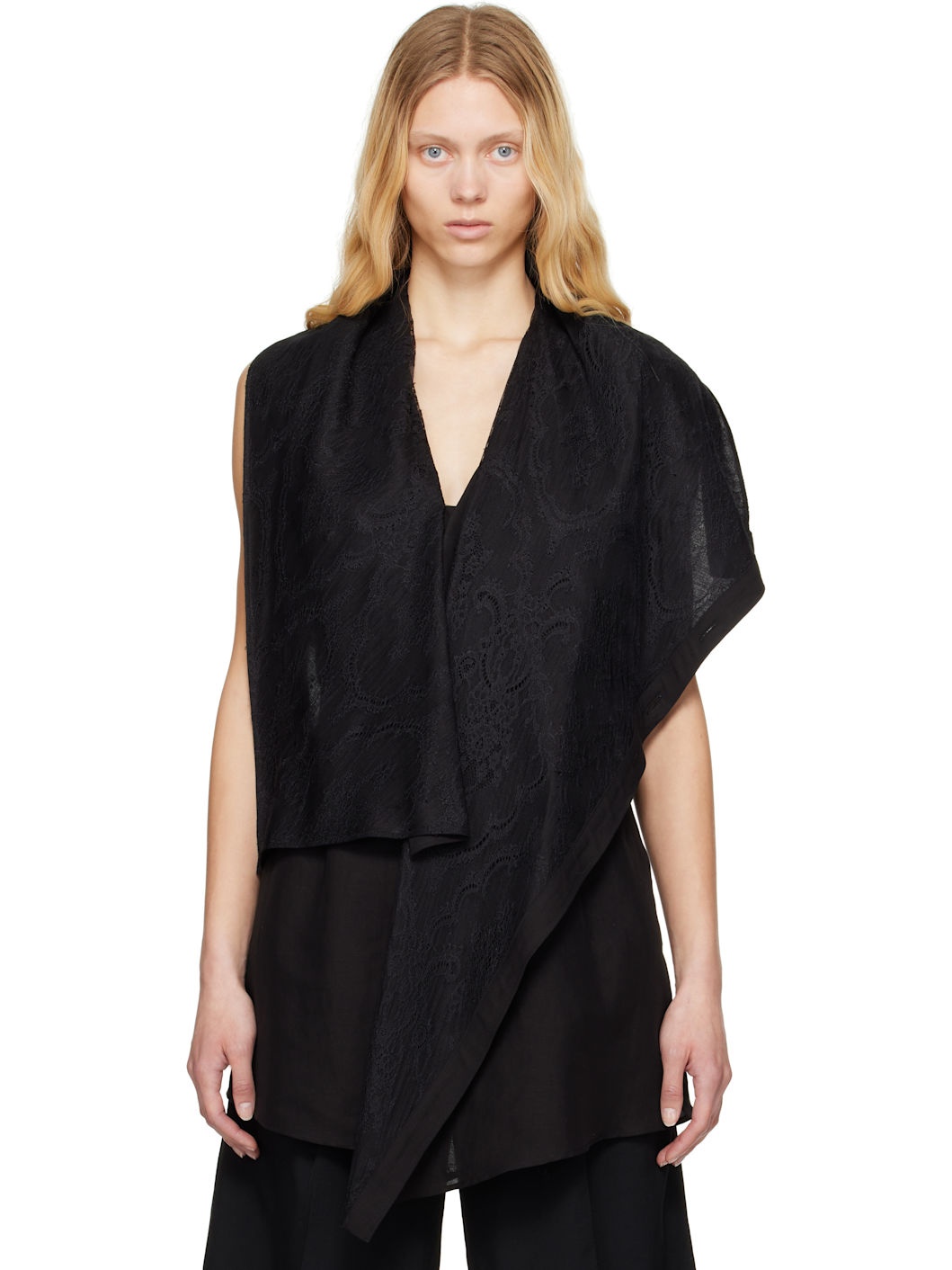 Black Draped Long Vest - 1