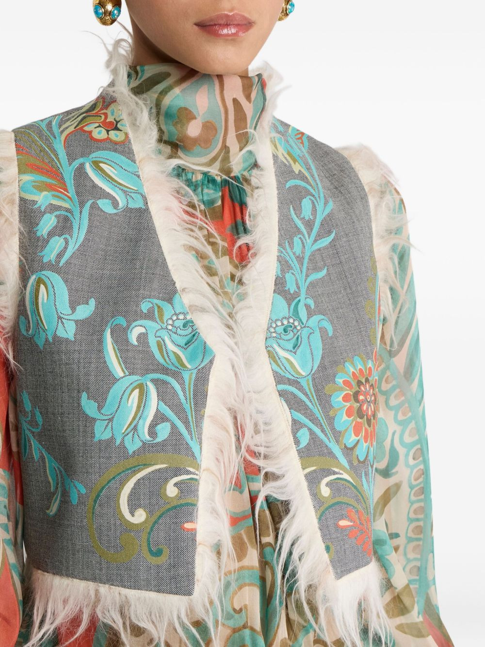 floral-print fringed waistcoat - 5