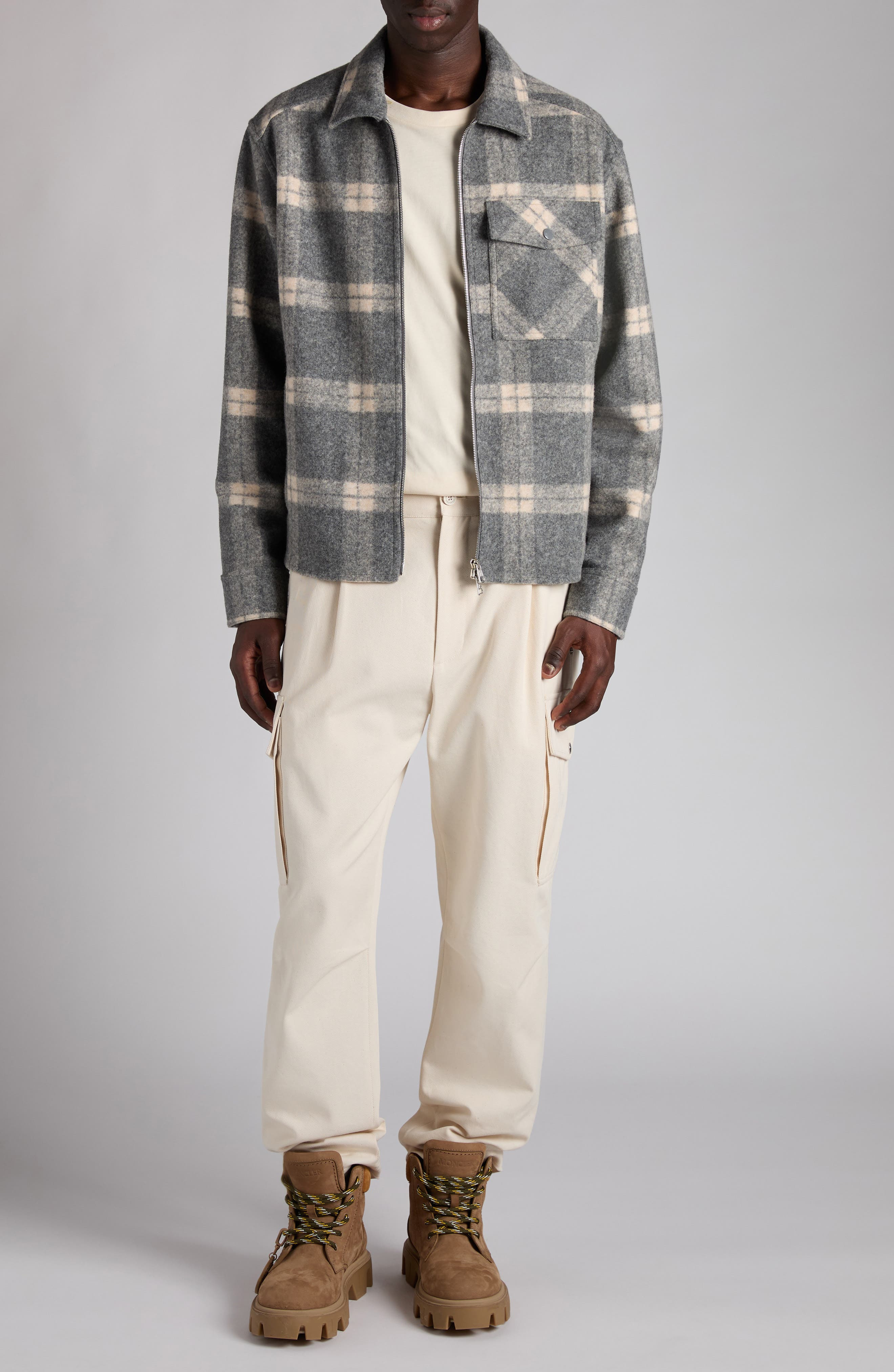 Moncler Plaid Shirt Jacket in Light Grey Check at Nordstrom - 2