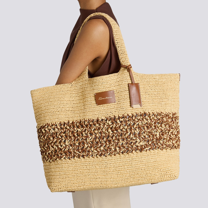 Santoni Light brown leather and raffia shoulder bag outlook