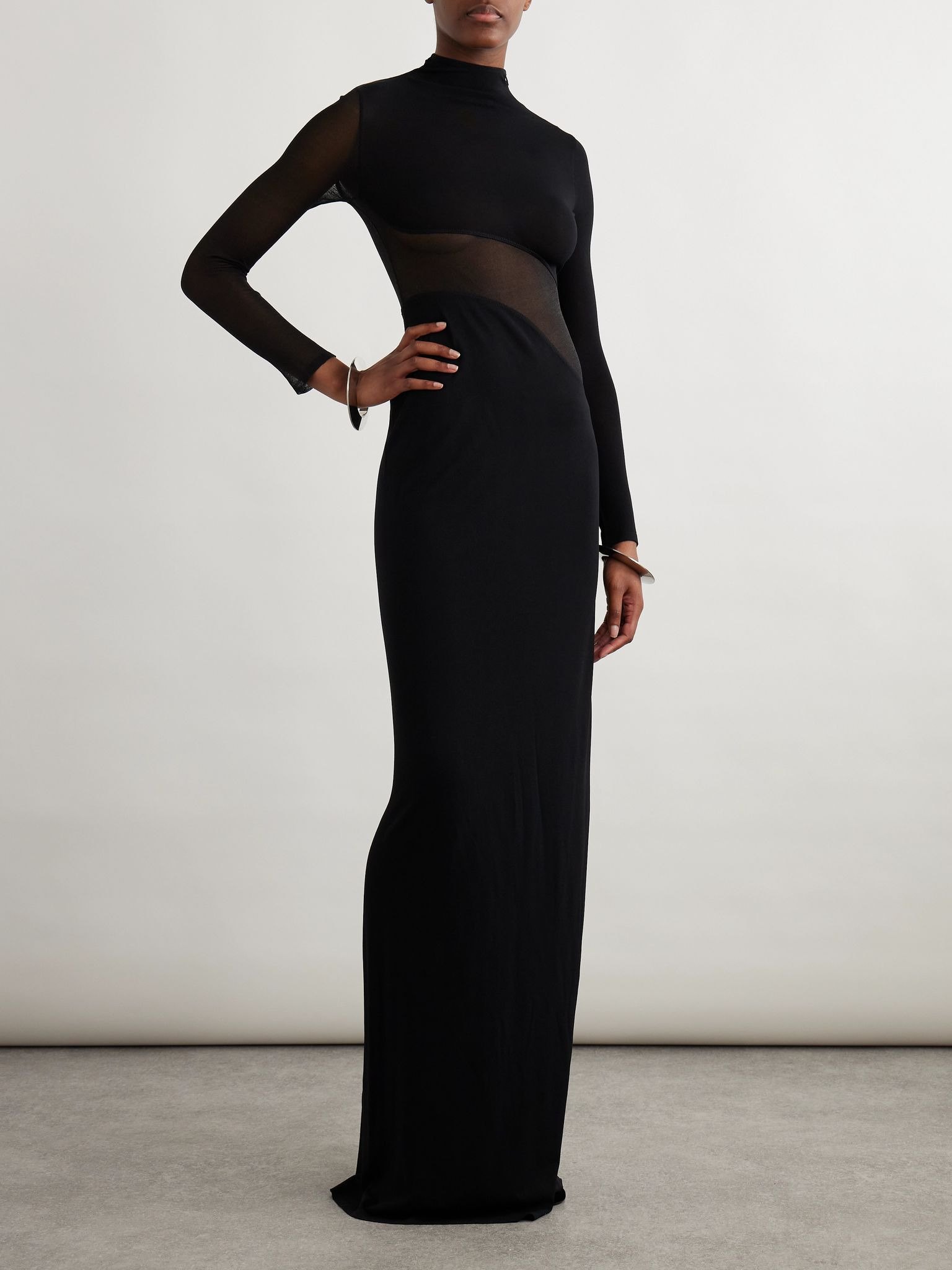 Silk mesh-trimmed crepe gown Black - 2