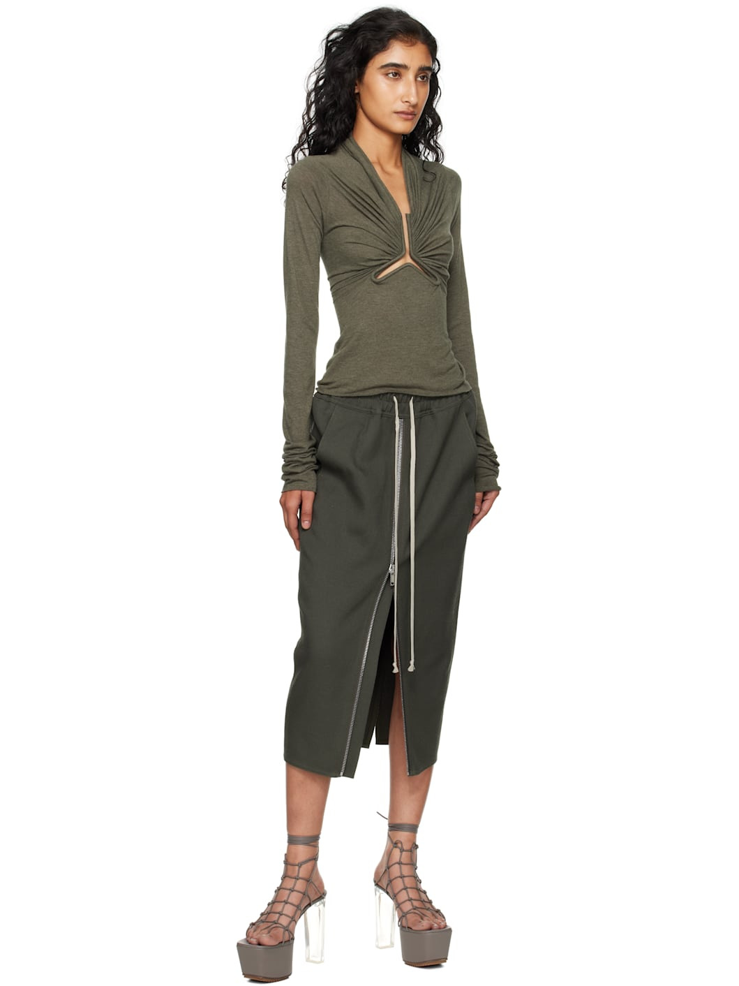 Khaki Concordians Zipped Short Pillar Midi Skirt - 4