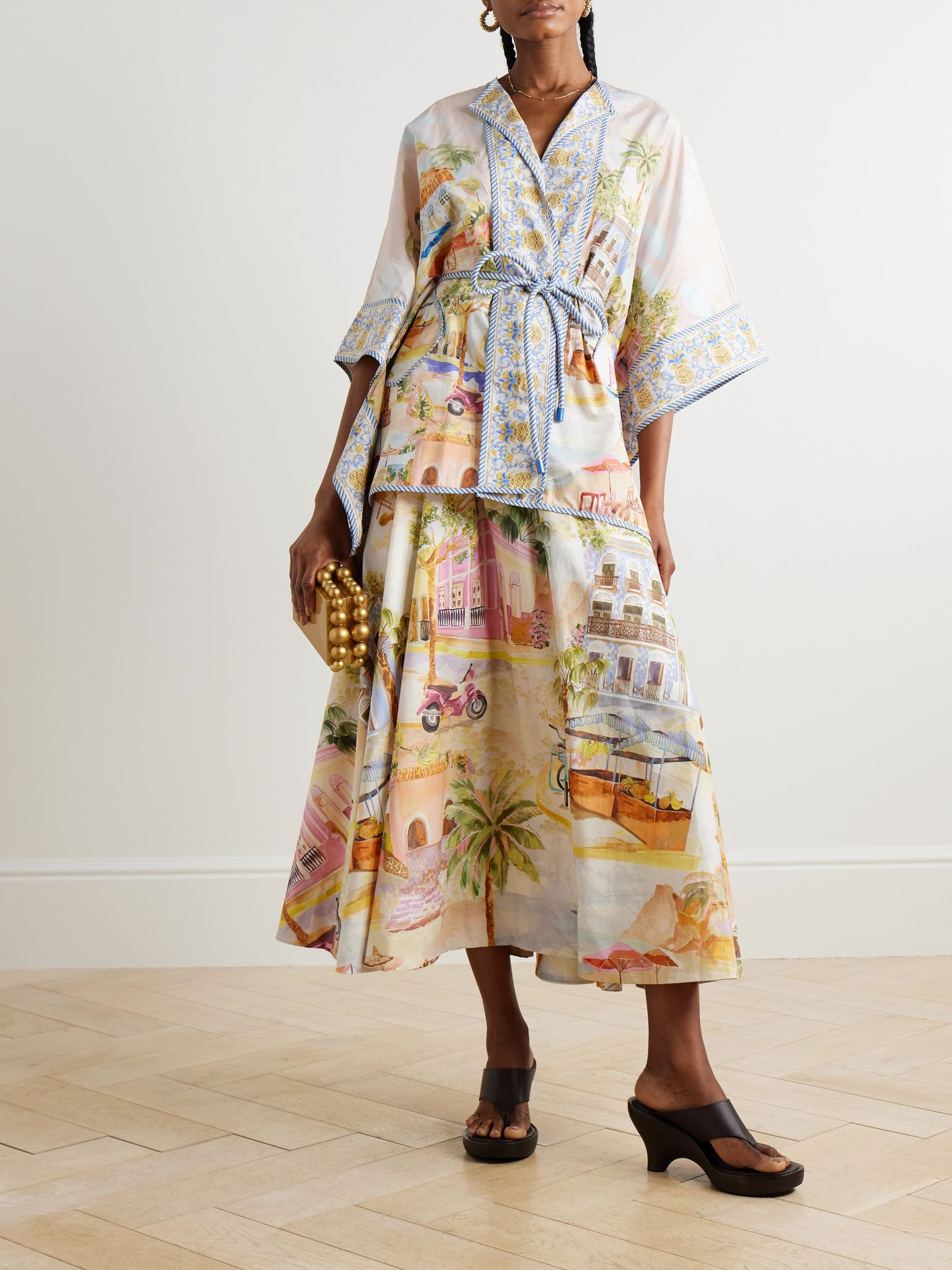 Aracati belted printed organic cotton-poplin tunic Blue - 2