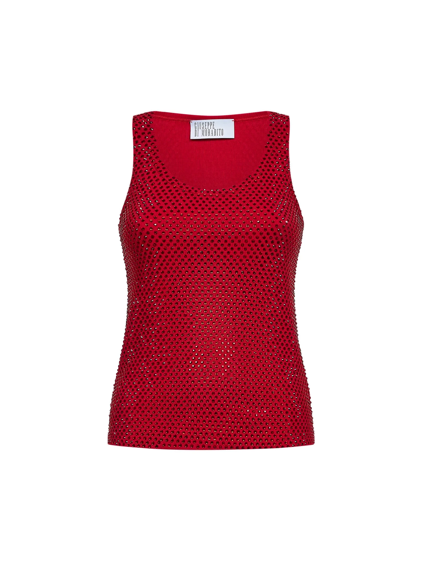Red crystal-embellished stretch cotton knit tank top - 1