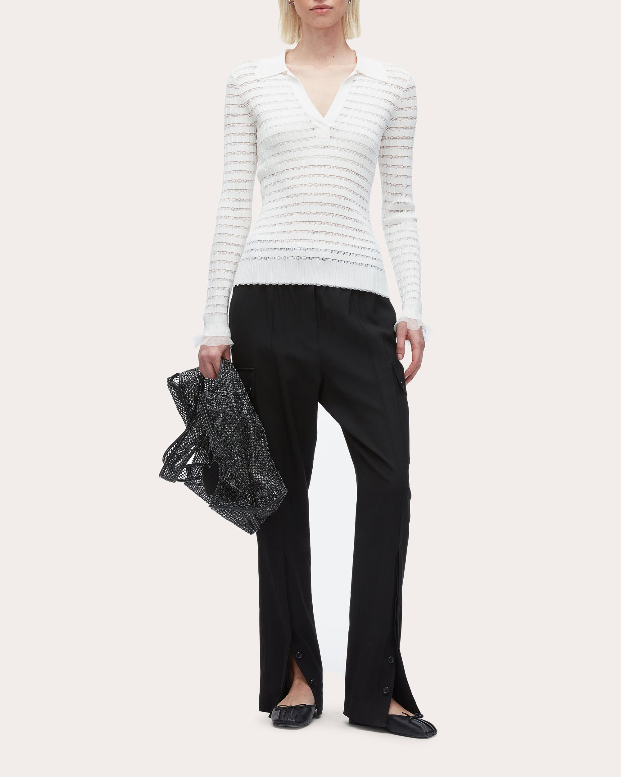 Ribbed Pointelle Knit Polo Top - 6