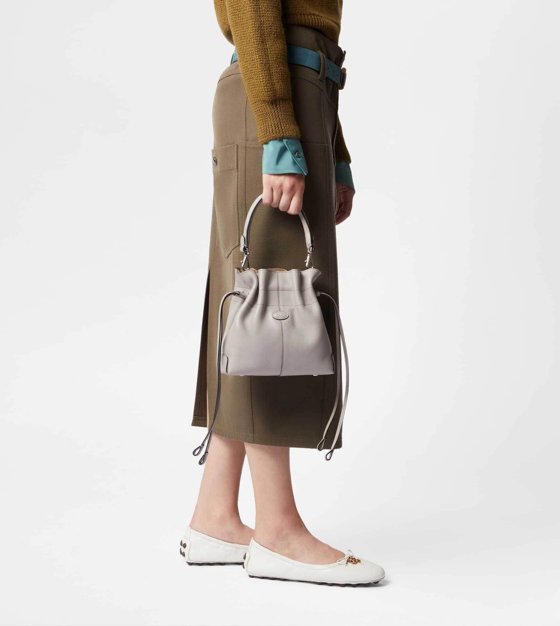 TOD'S DI BAG BUCKET BAG IN LEATHER MINI WITH DRAWSTRING - GREY - 3