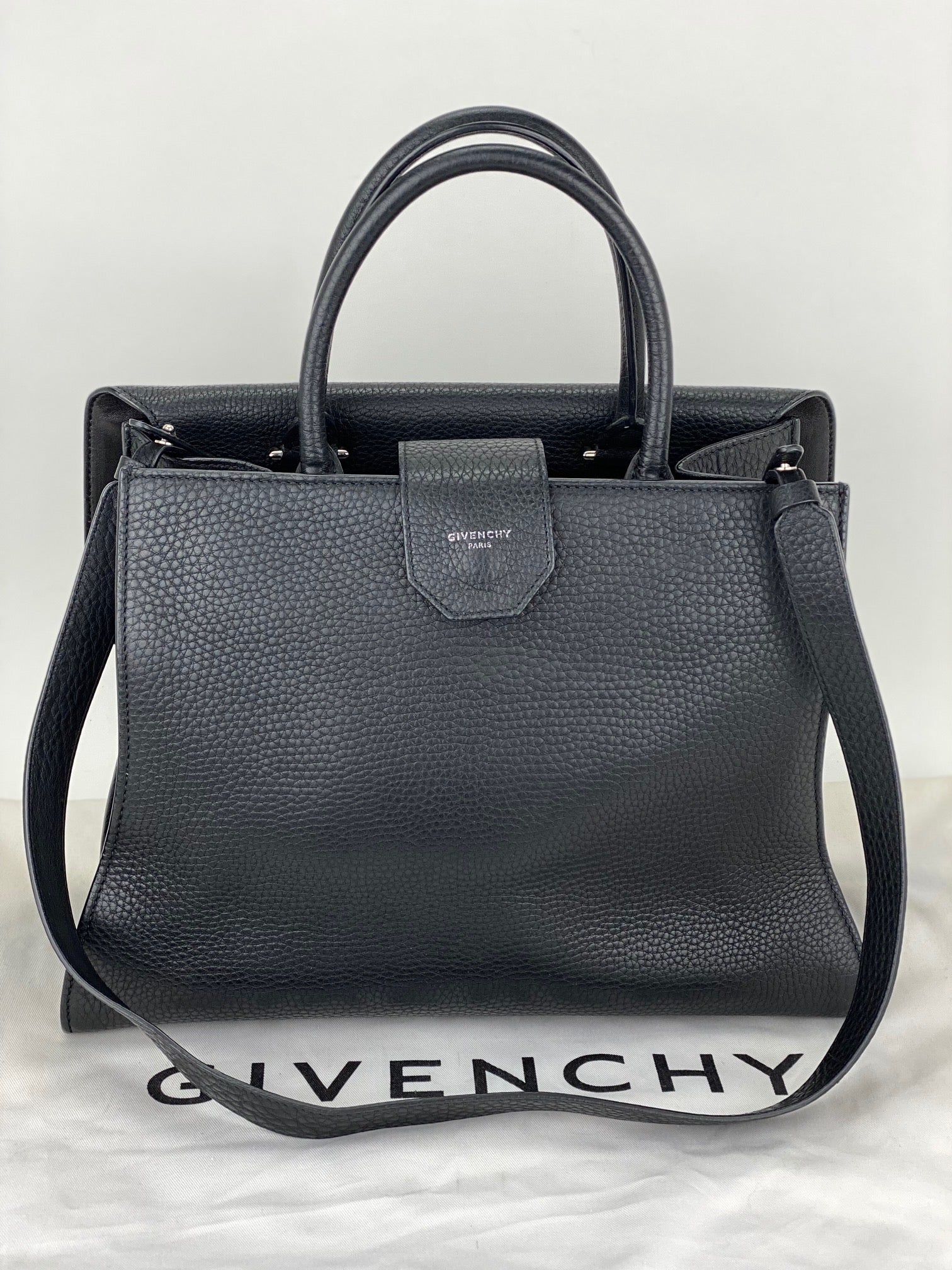 Givenchy Obsedia Medium Flap Black Pebbled Calfskin Satchel Hand Bag 2 ways Preowned - 2