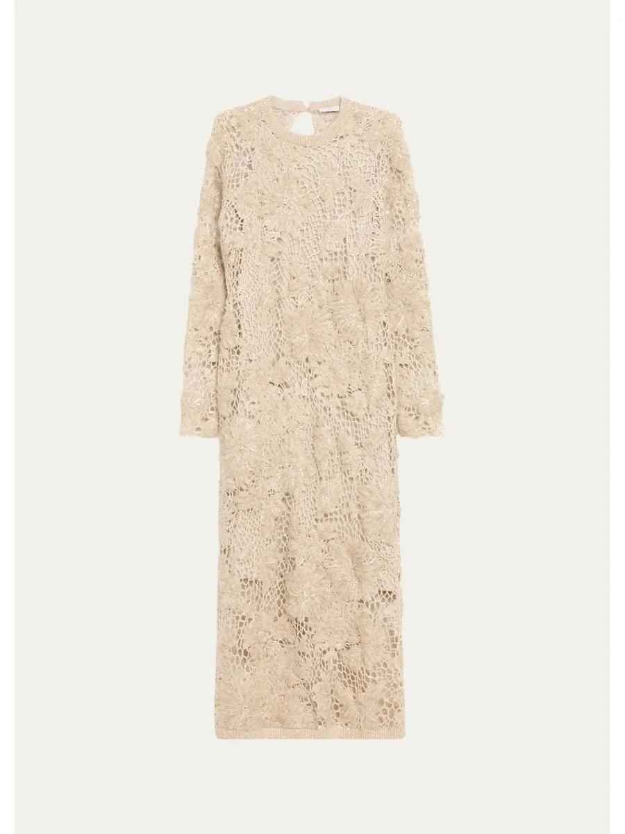 Mohair Sparkling Floral Embroidered Mesh Dress - 1