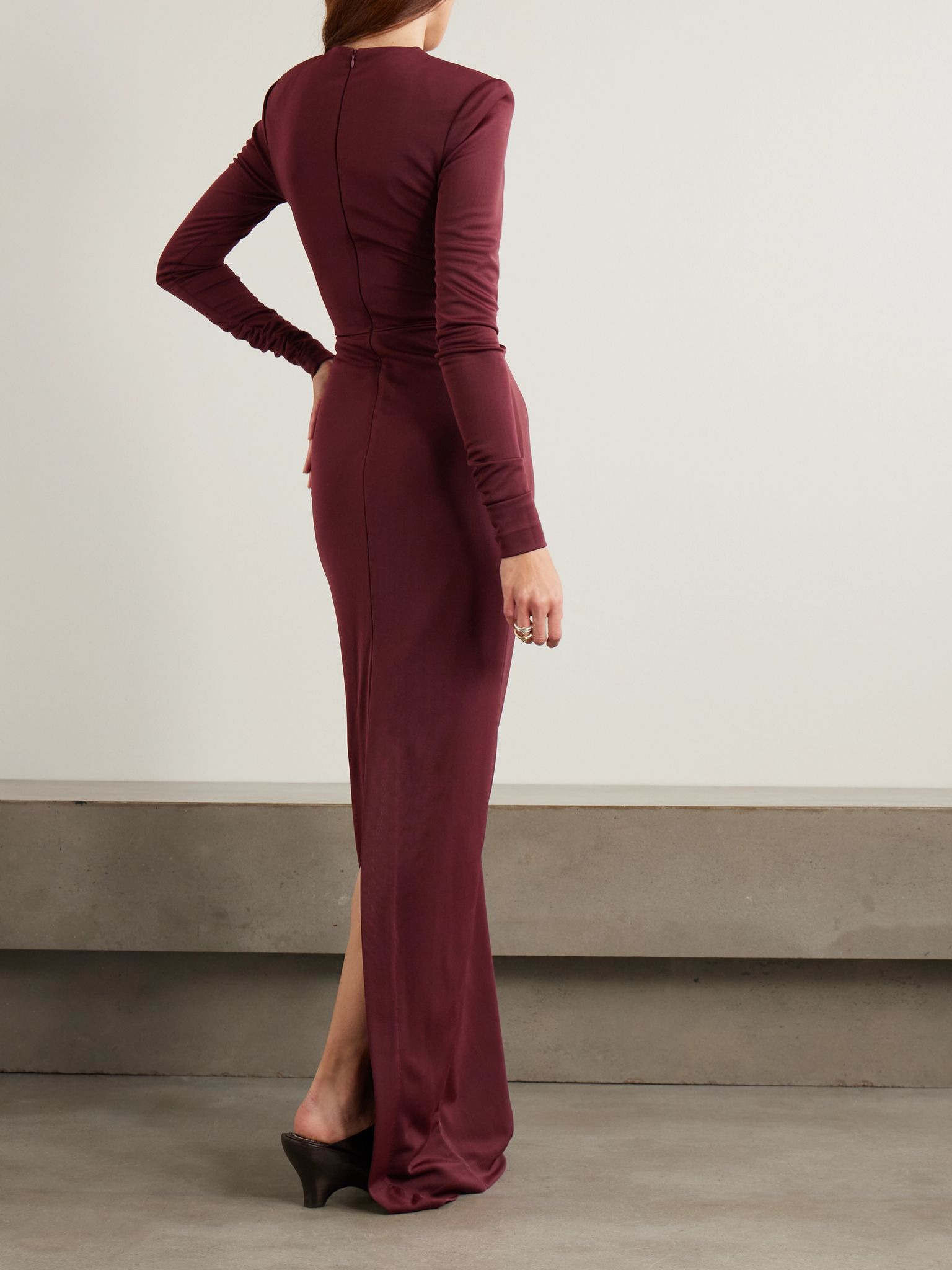 Mischa embellished gathered stretch-jersey gown Burgundy - 3
