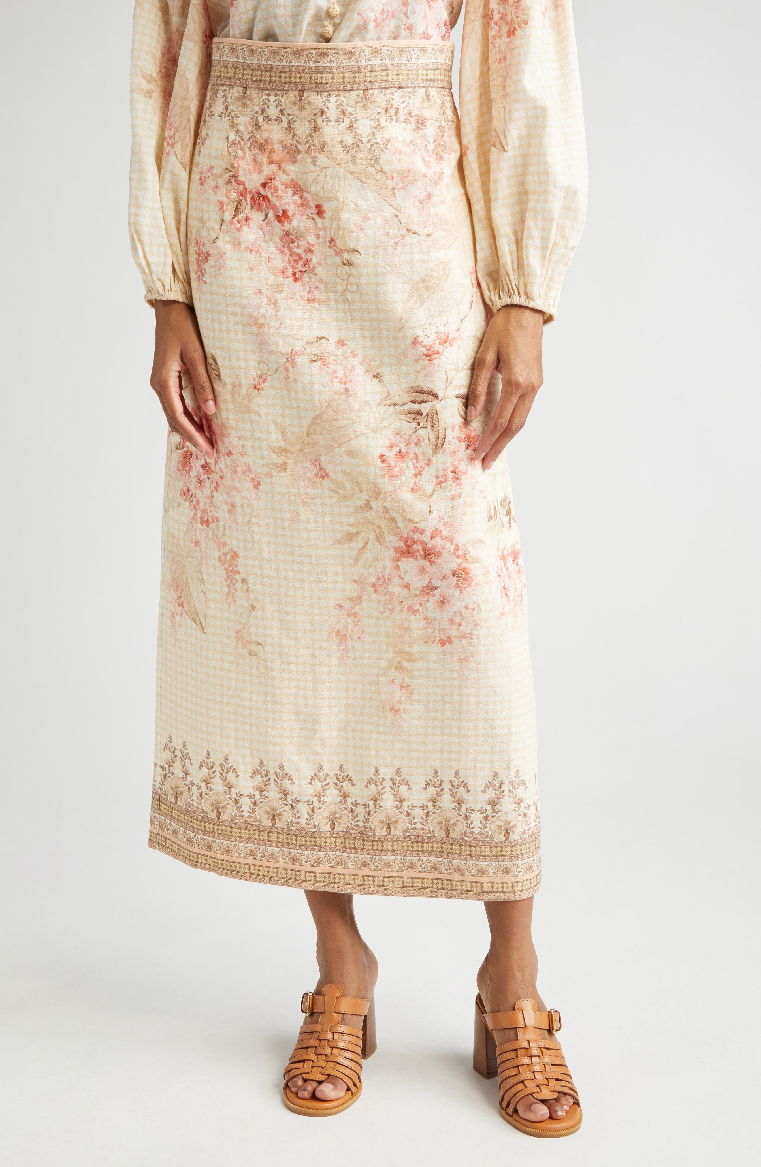 Zimmermann Tropical Floral Linen Pencil Skirt in Coral Floral at Nordstrom - 1