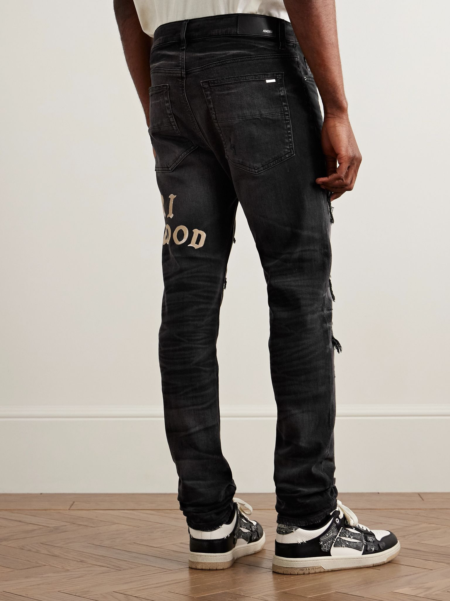 Hollywood Skinny-Fit Logo-Flocked Distressed Jeans Black - 4