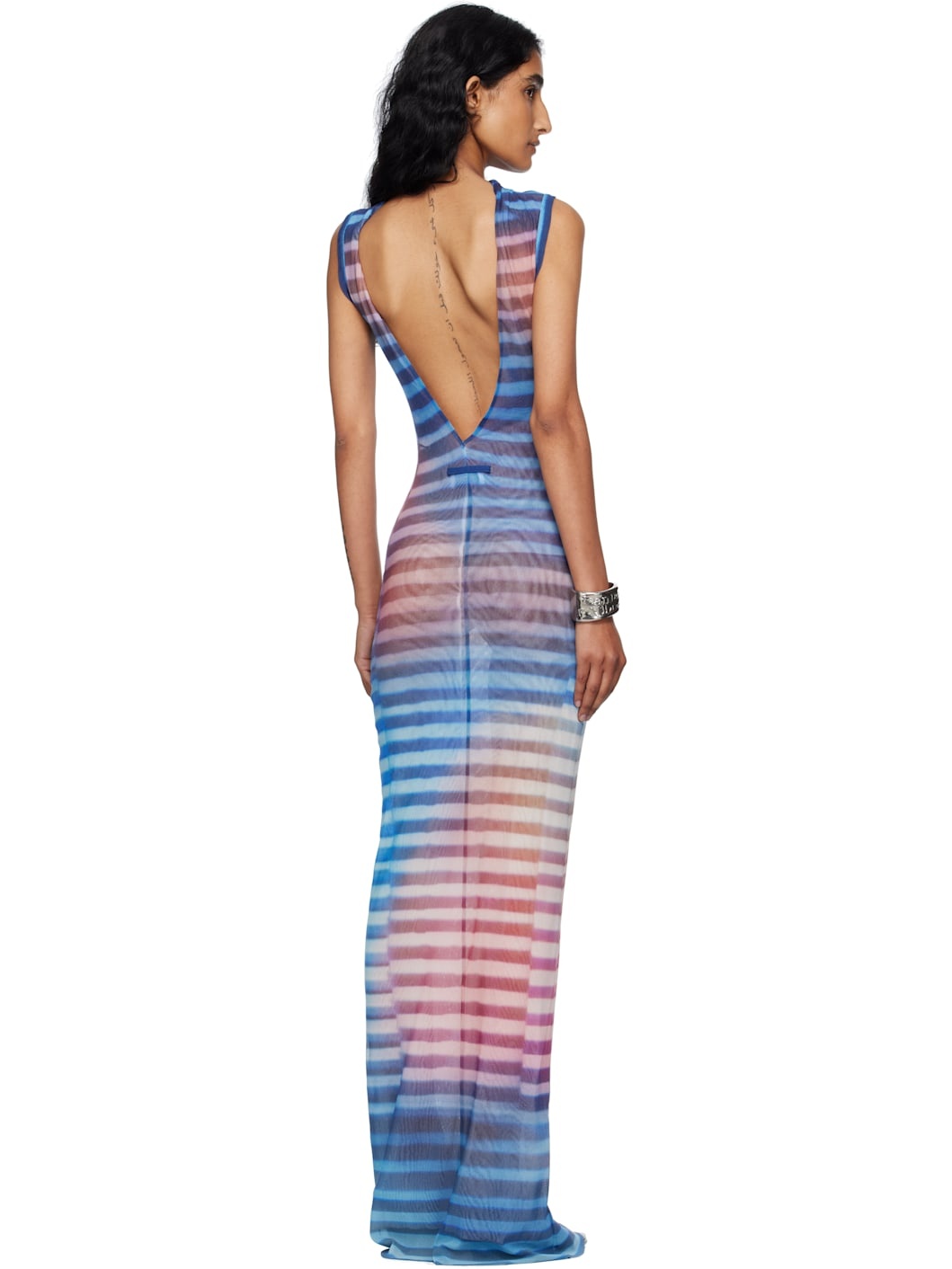 Blue & Pink High Neck Open Back Printed Air Maxi Dress - 3