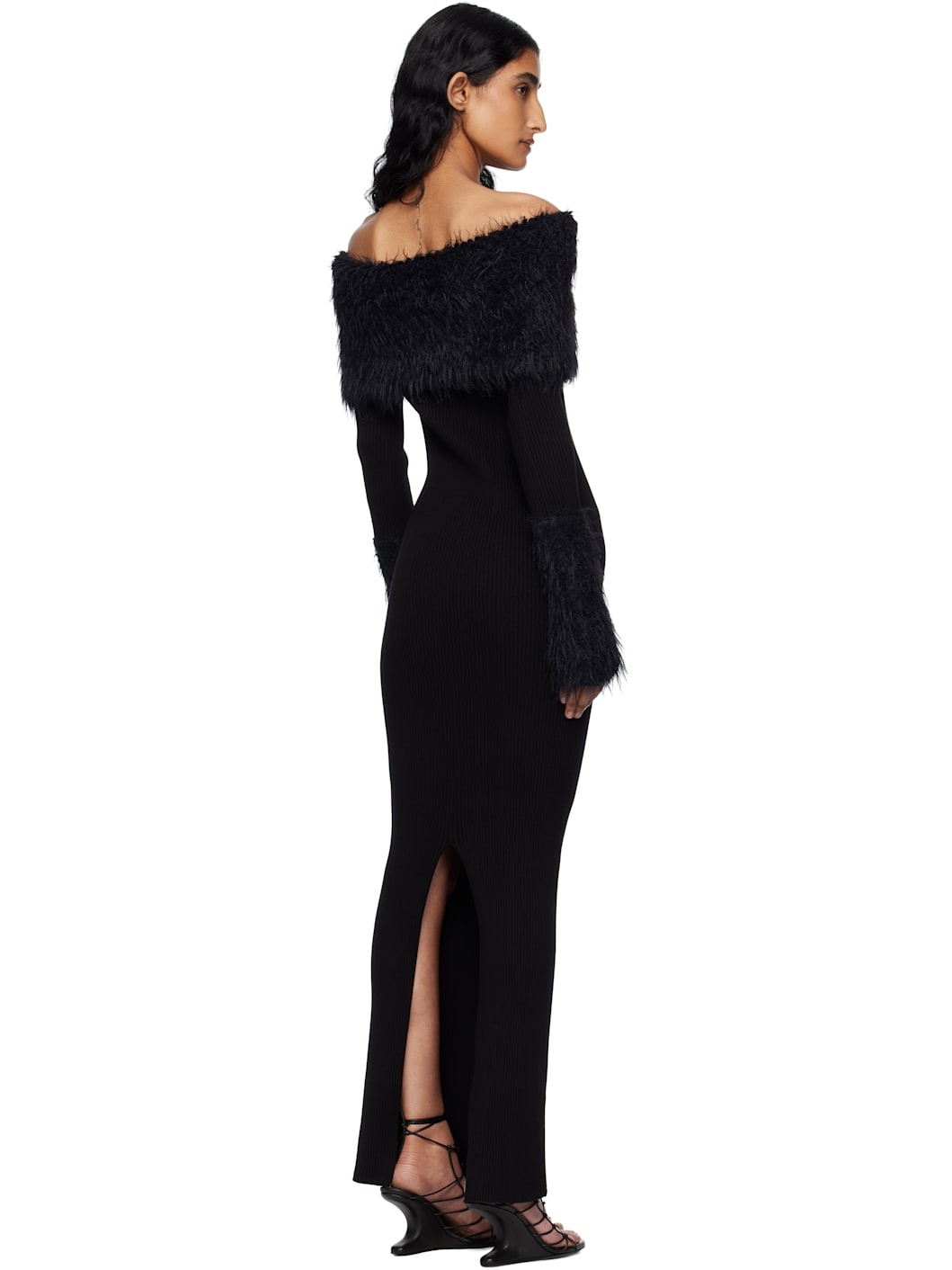 Black Viscose Ribbed & Hairy Maxi Dress - 3