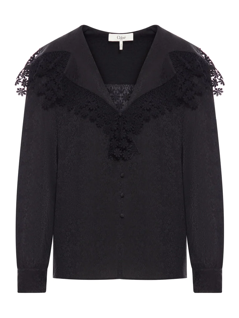 Chloe` Women Blouse With Maxi Collar In Silk Jacquard And Lace - 1