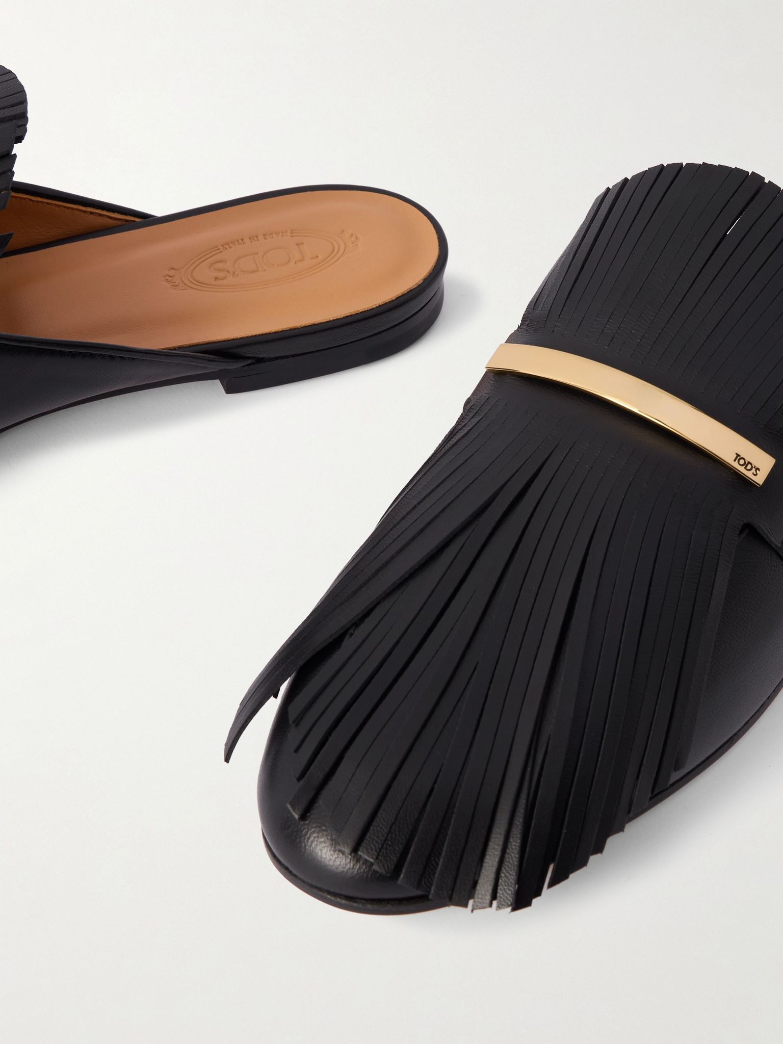 Embellished fringed leather slippers Black - 4