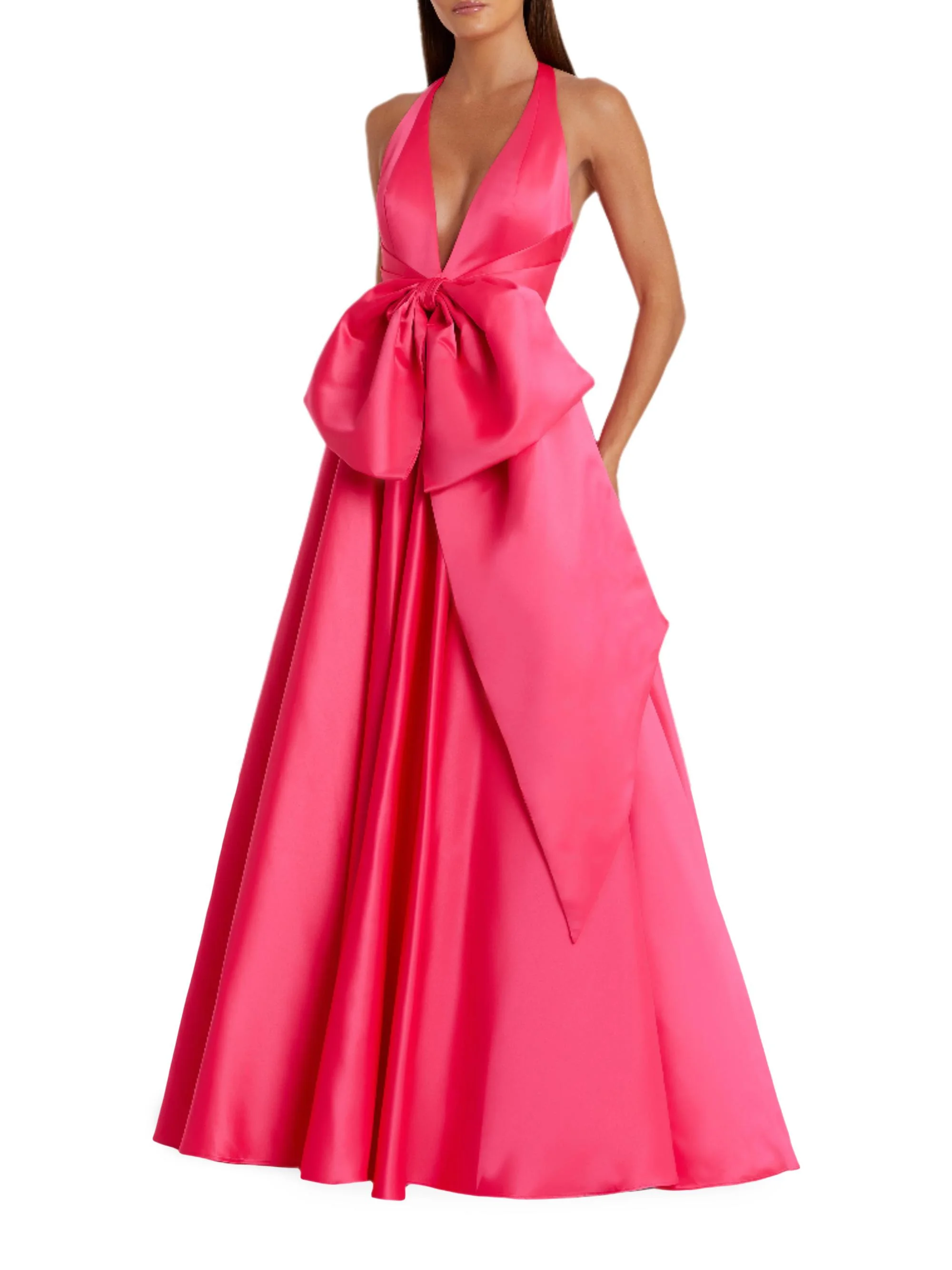 Women's Prom Oversized-Bow Satin Sleeveless Gown - Hot Pink - 1