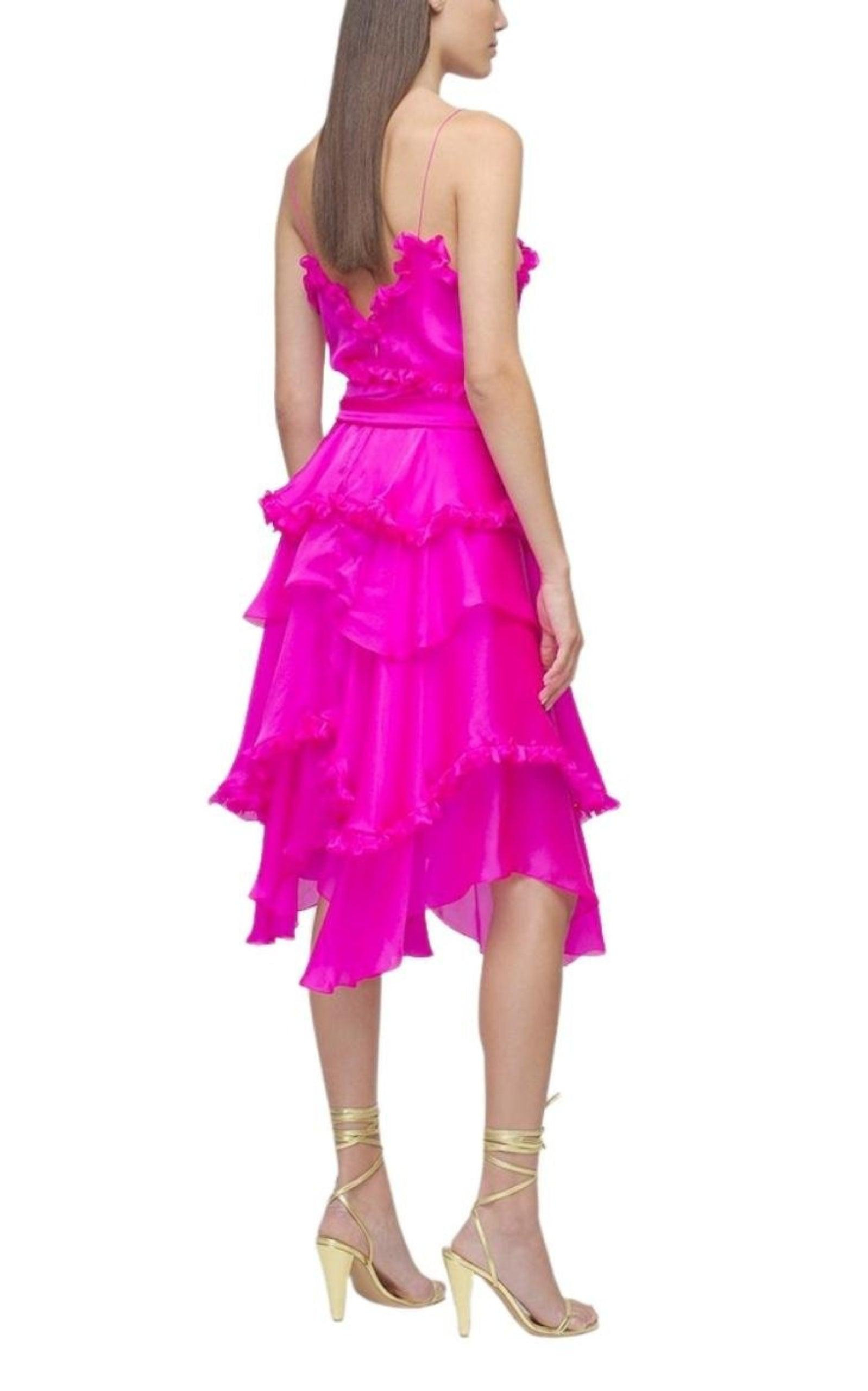 Silk Chiffon Ruffled Knee Length Dress - 3