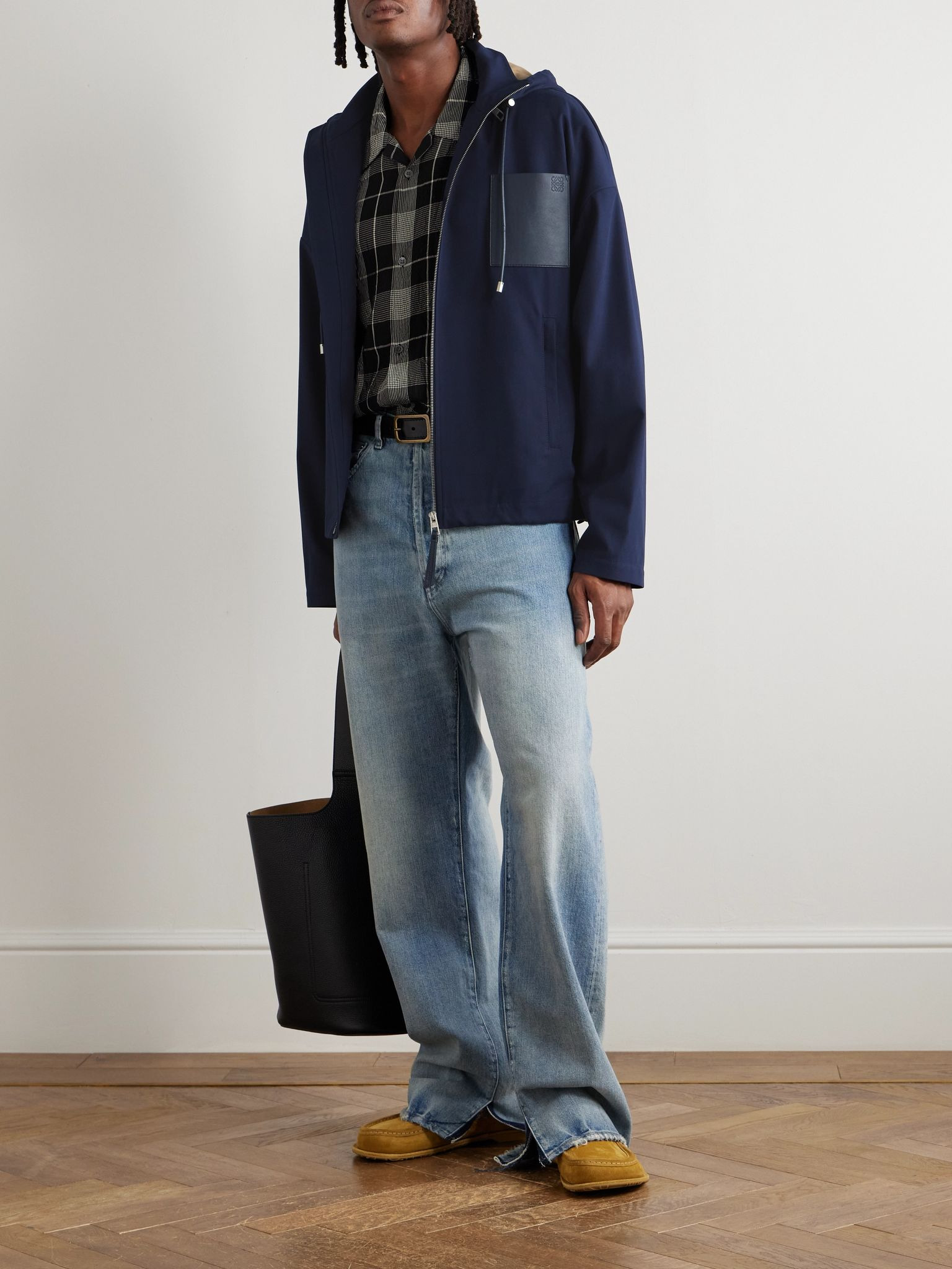 Logo-Debossed Leather-Trimmed Cotton-Twill Hooded Jacket Navy - 2