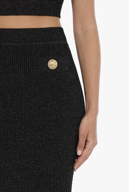 Long black knit and lurex high-waisted skirt with gold-tone buttons - 6