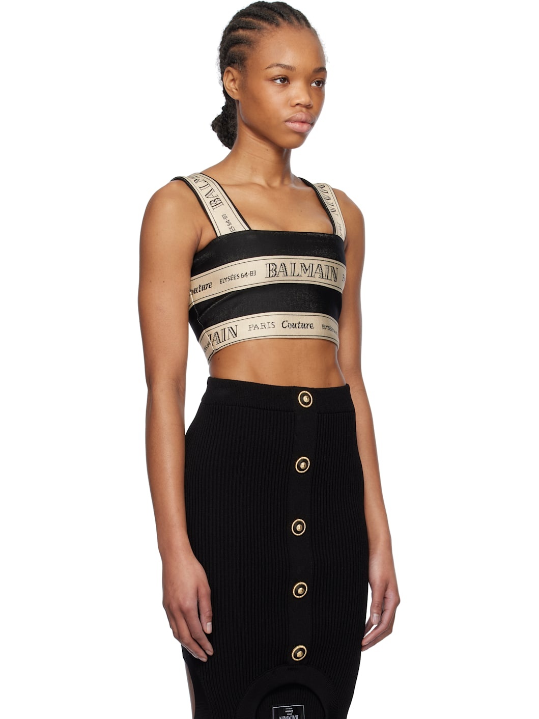 Black & Off-White 'Balmain' Ribbon Jacquard Crop Top - 2