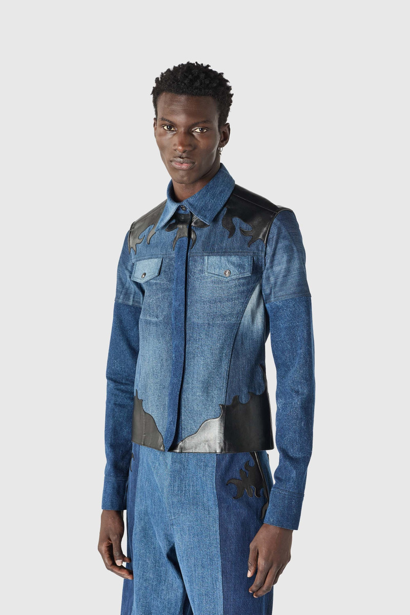 Upcycled denim trucker jacket with leather patches 7