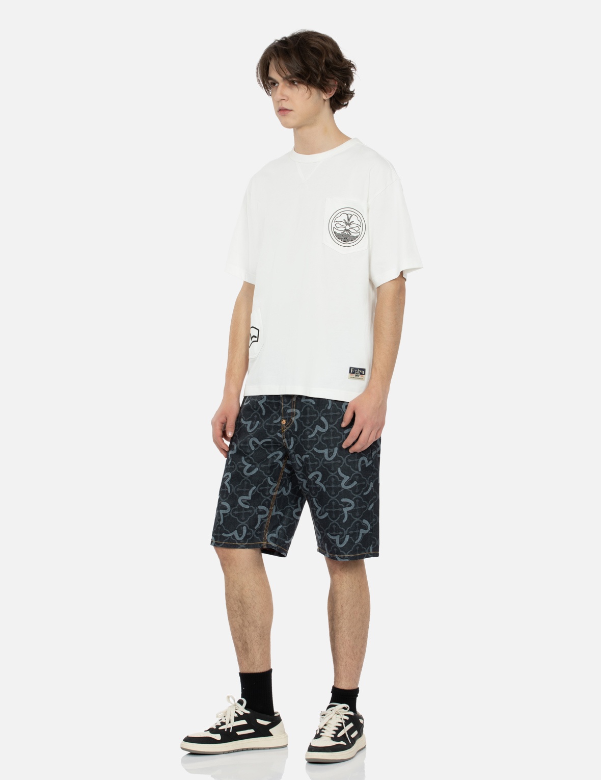 ALLOVER SEAGULL AND KAMON JACQUARD REGULAR FIT DENIM SHORTS - 4