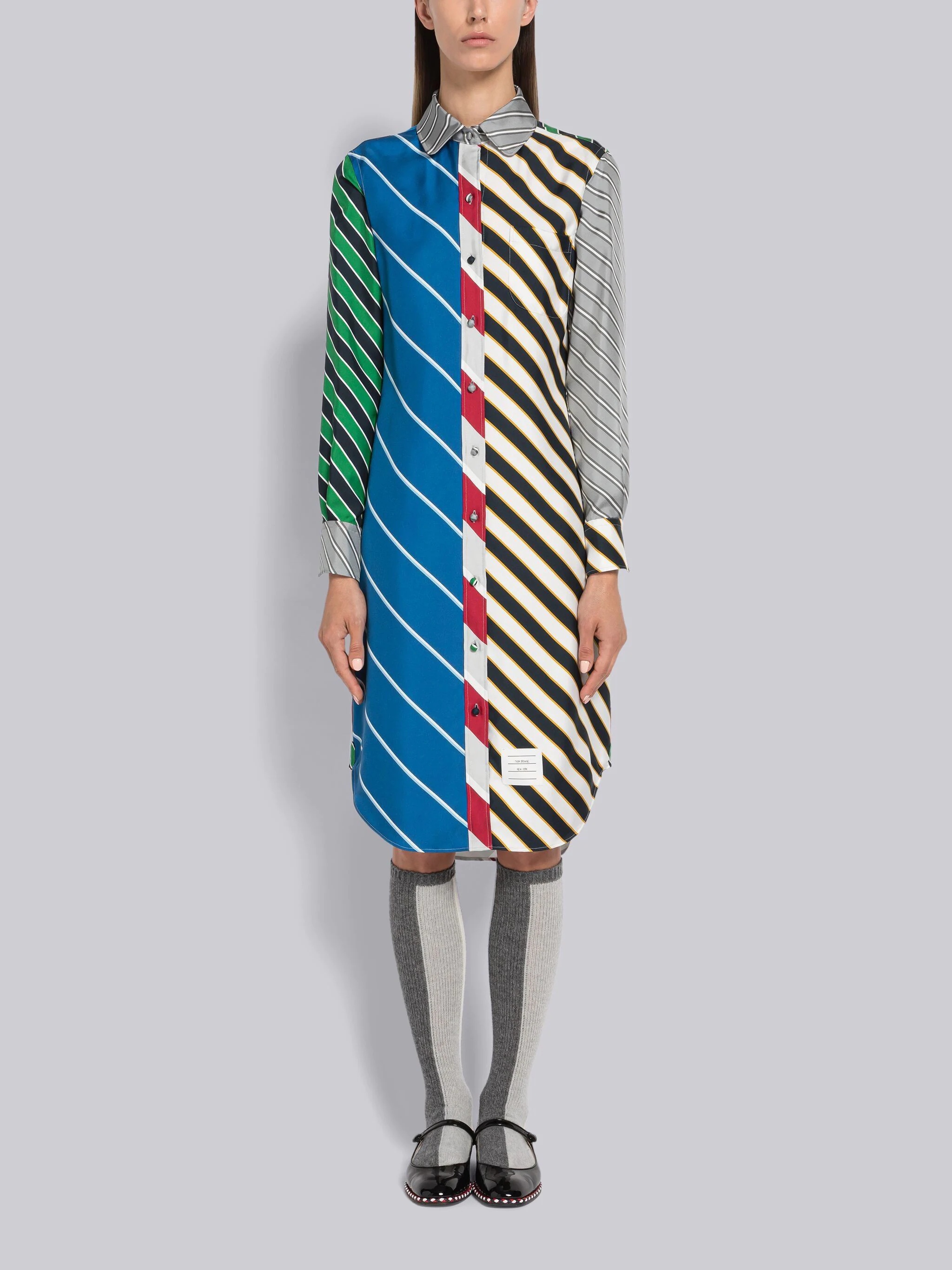 Fun-Mix Awning Stripe Silk Round Collar Shirtdress - 1