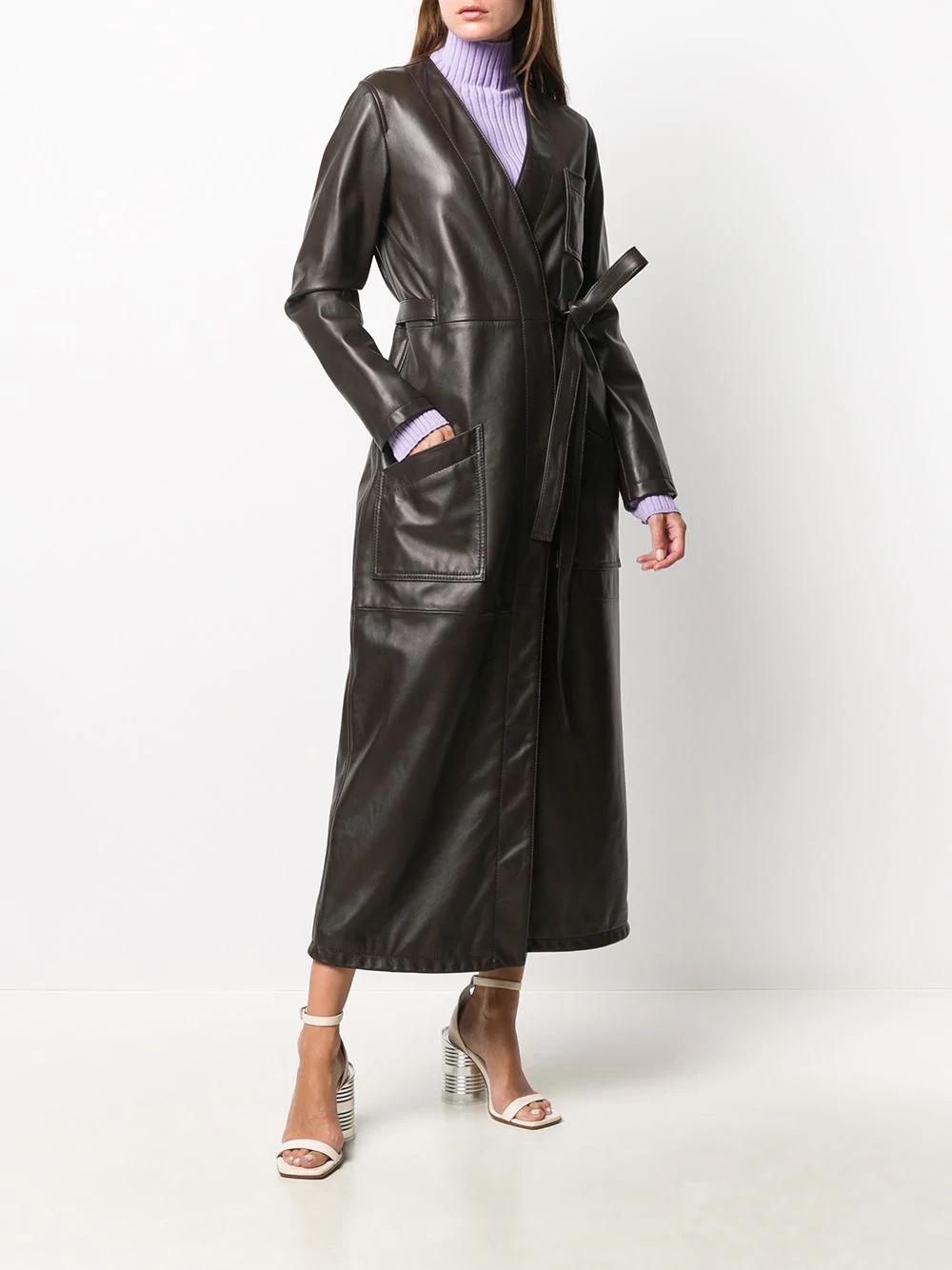 leather asymmetric belted trench coat - 2