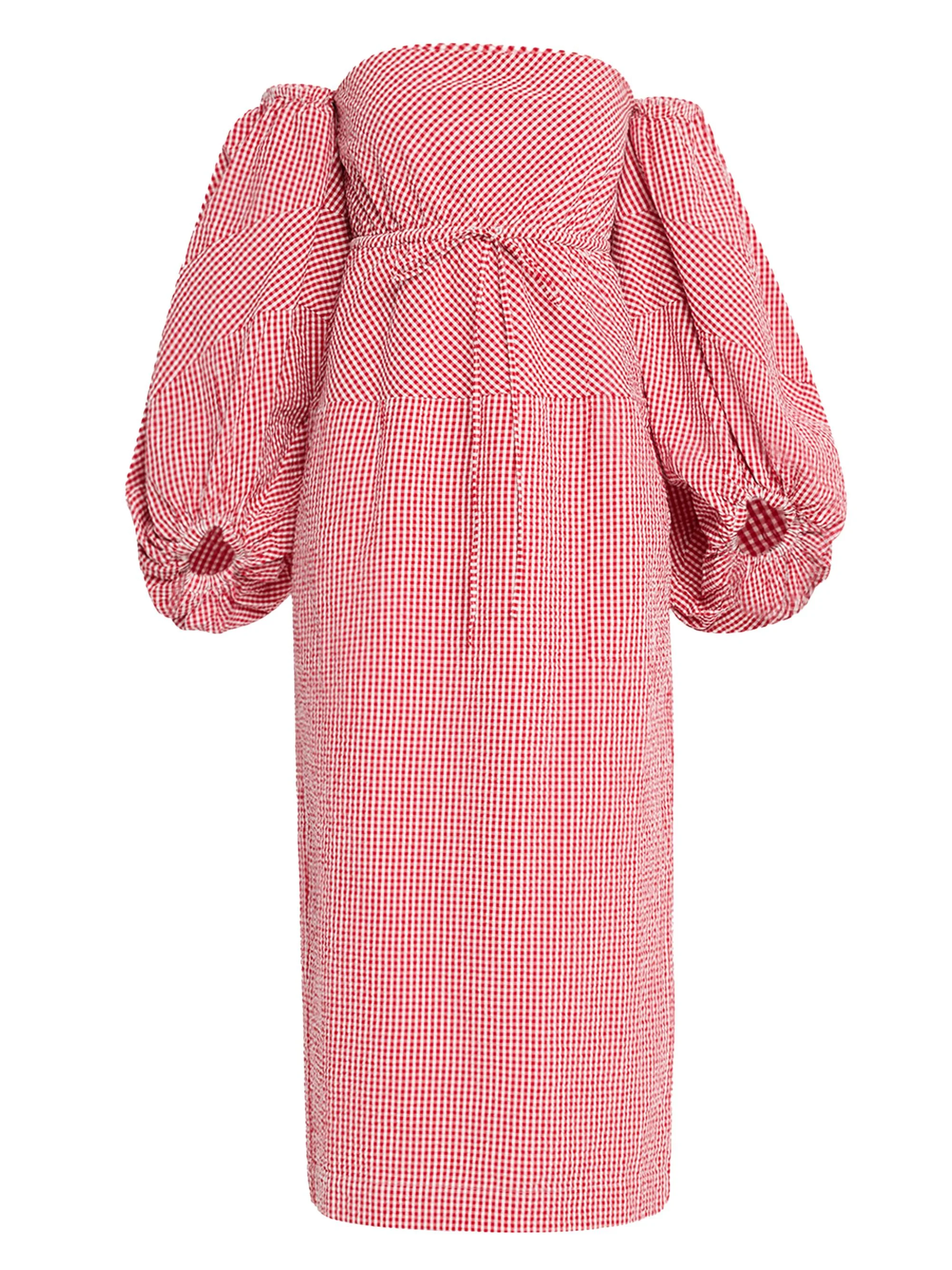 Women's Gingham Cotton Off-Shoulder Midi-Dress - Red Gingham - 1