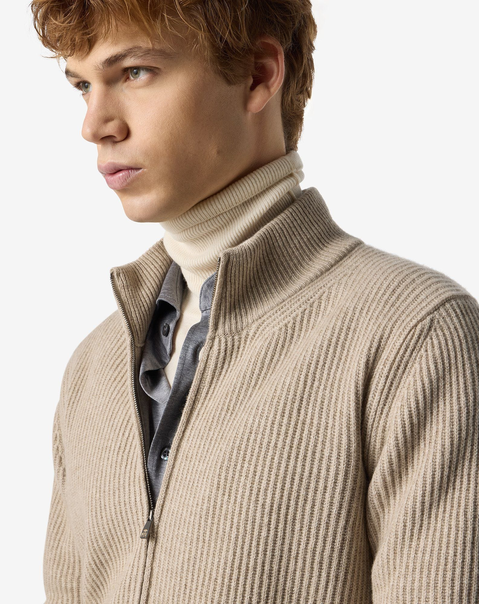Beige full zip cashmere blend jumper - 4