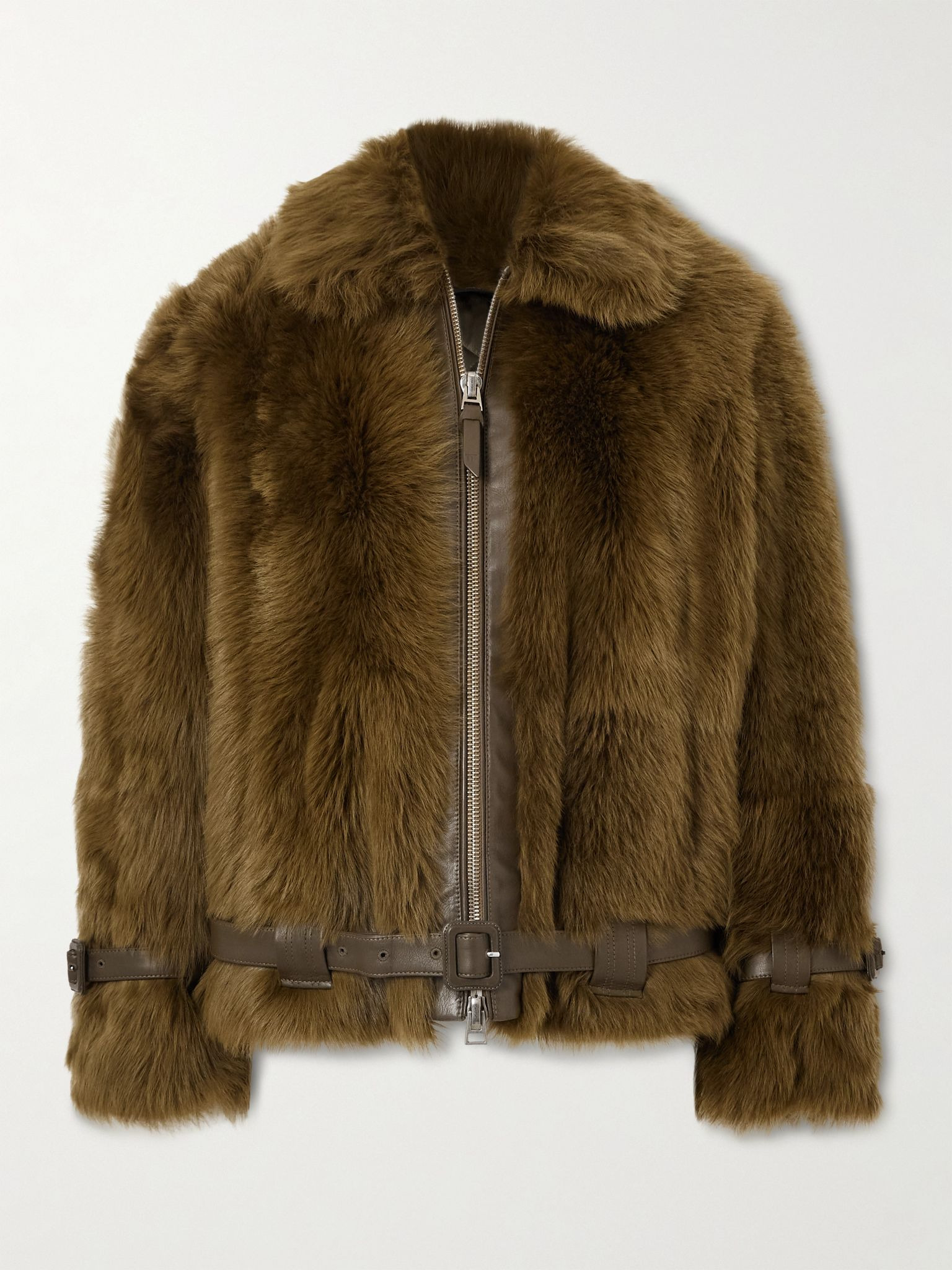 Belted padded shearling jacket Dark green - 1